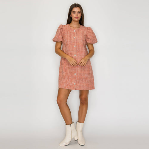 Classic Boucle Mini Shift Dress in Salmon Pink