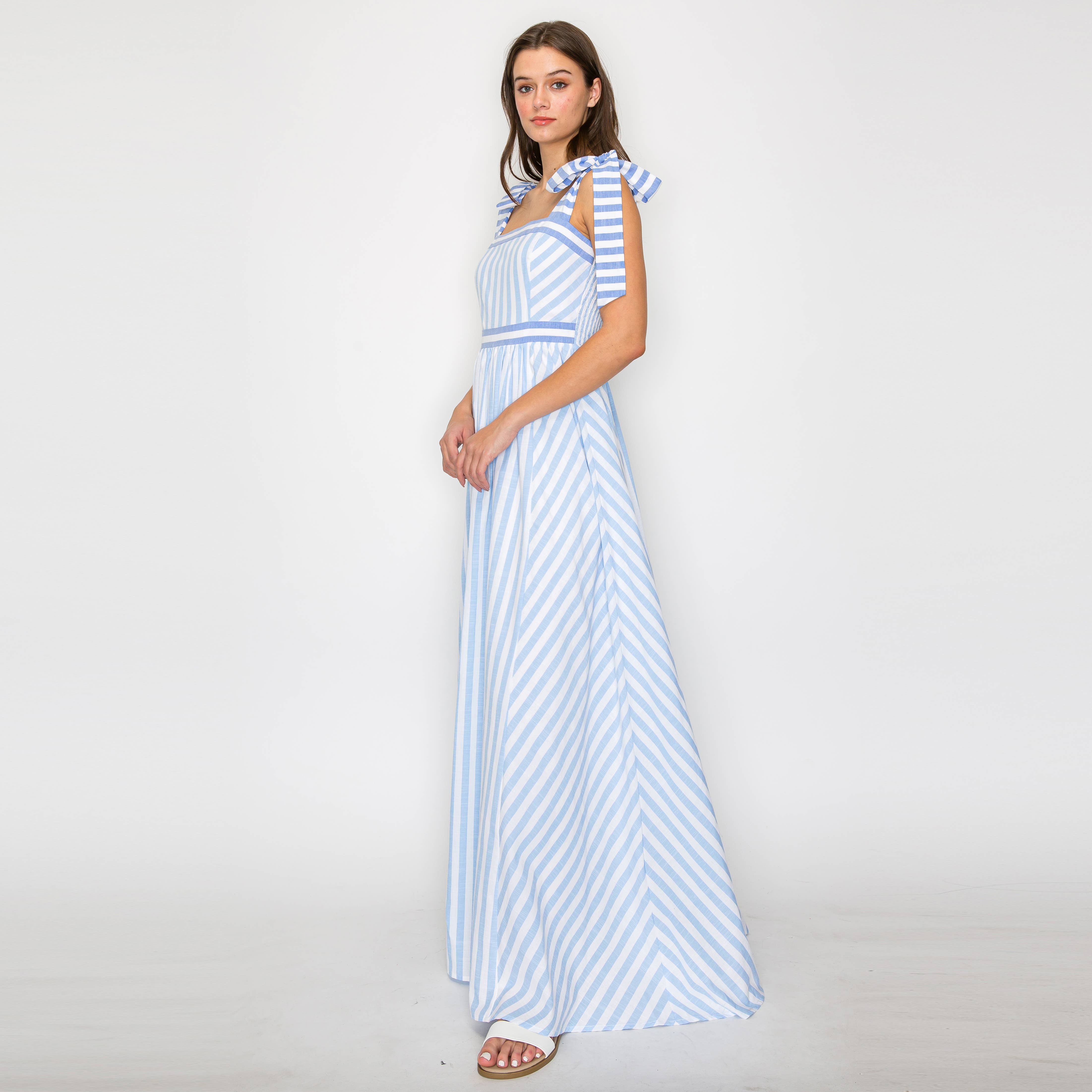 Dreamy Blue Stripe Maxi Dress with Shoulder Tie