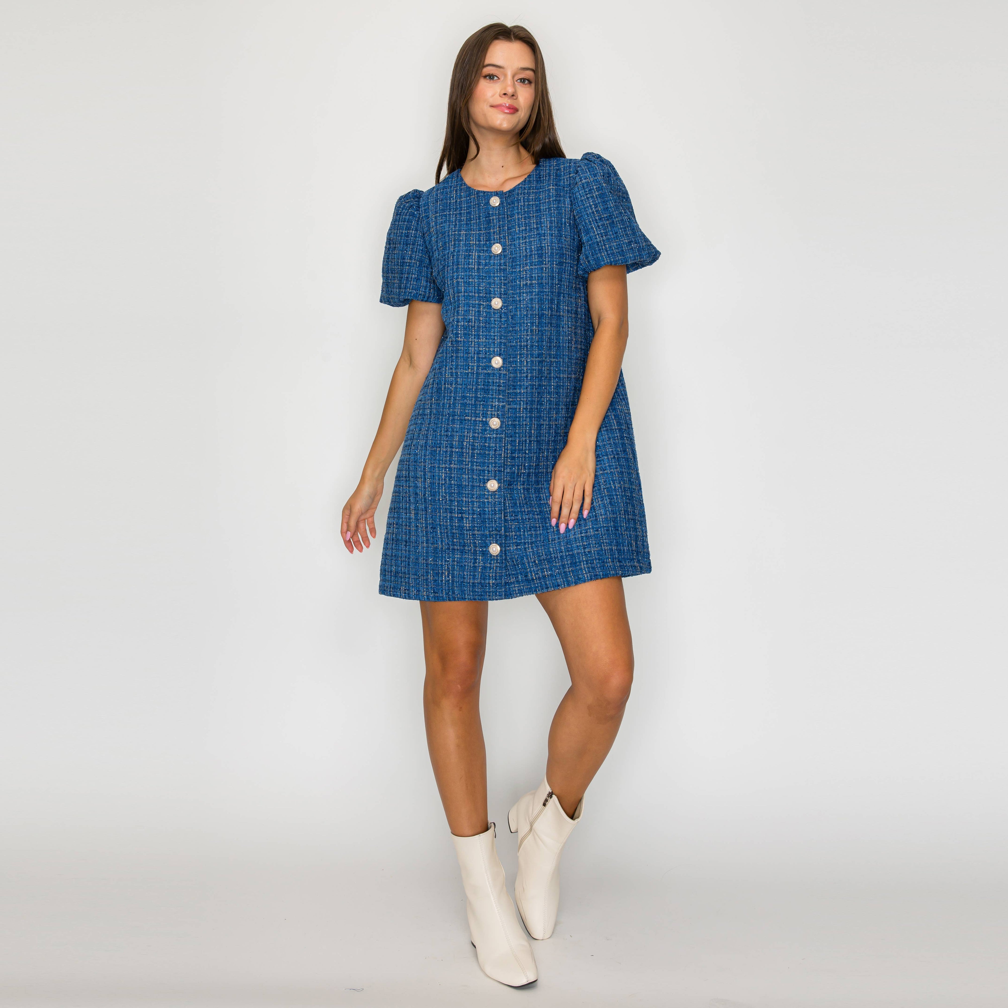 Classic Boucle Mini Shift Dress in Denim Blue