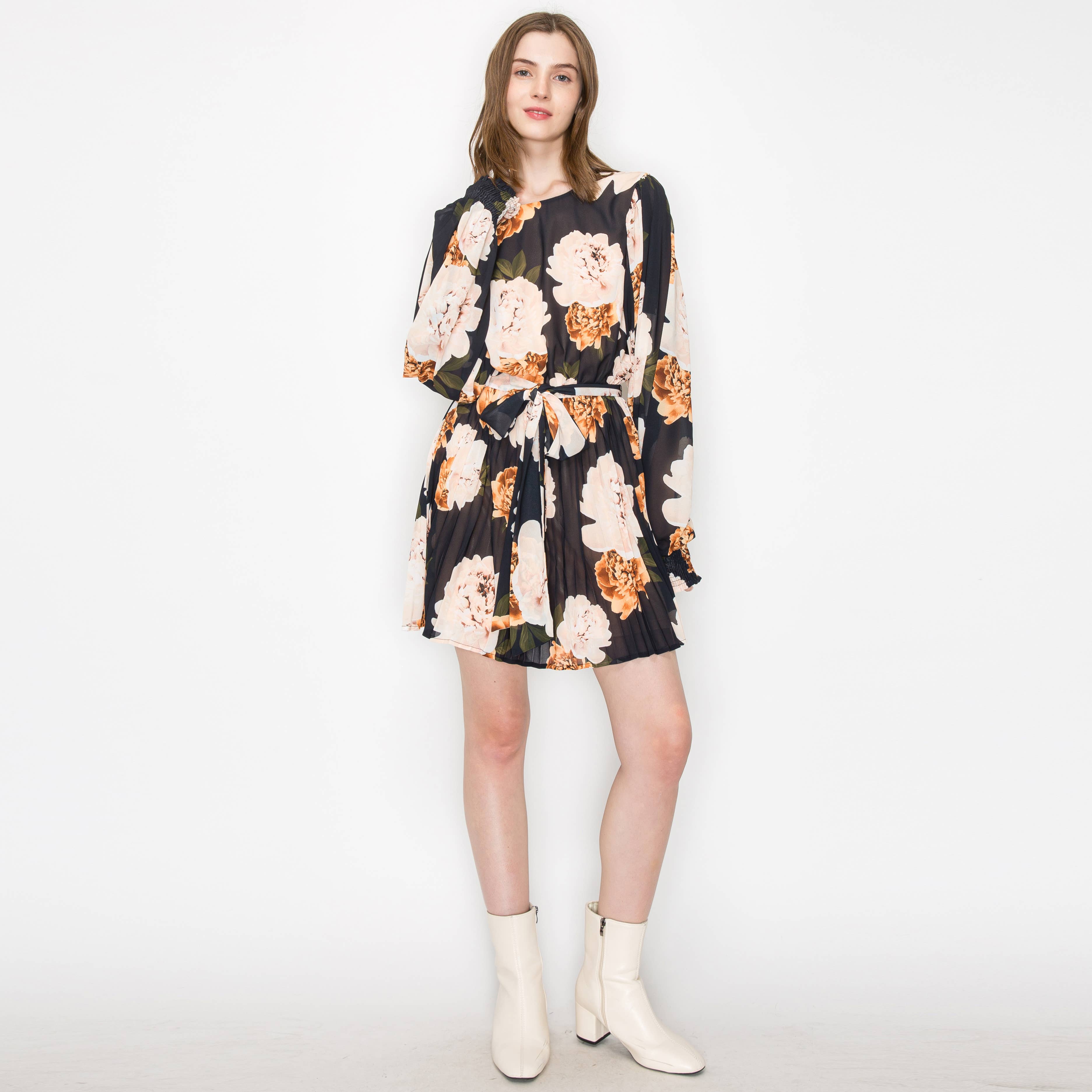Black floral print mini dress