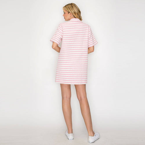 Pink & White Stripe French Boucle Shirts Mini Dress-LWD2868 