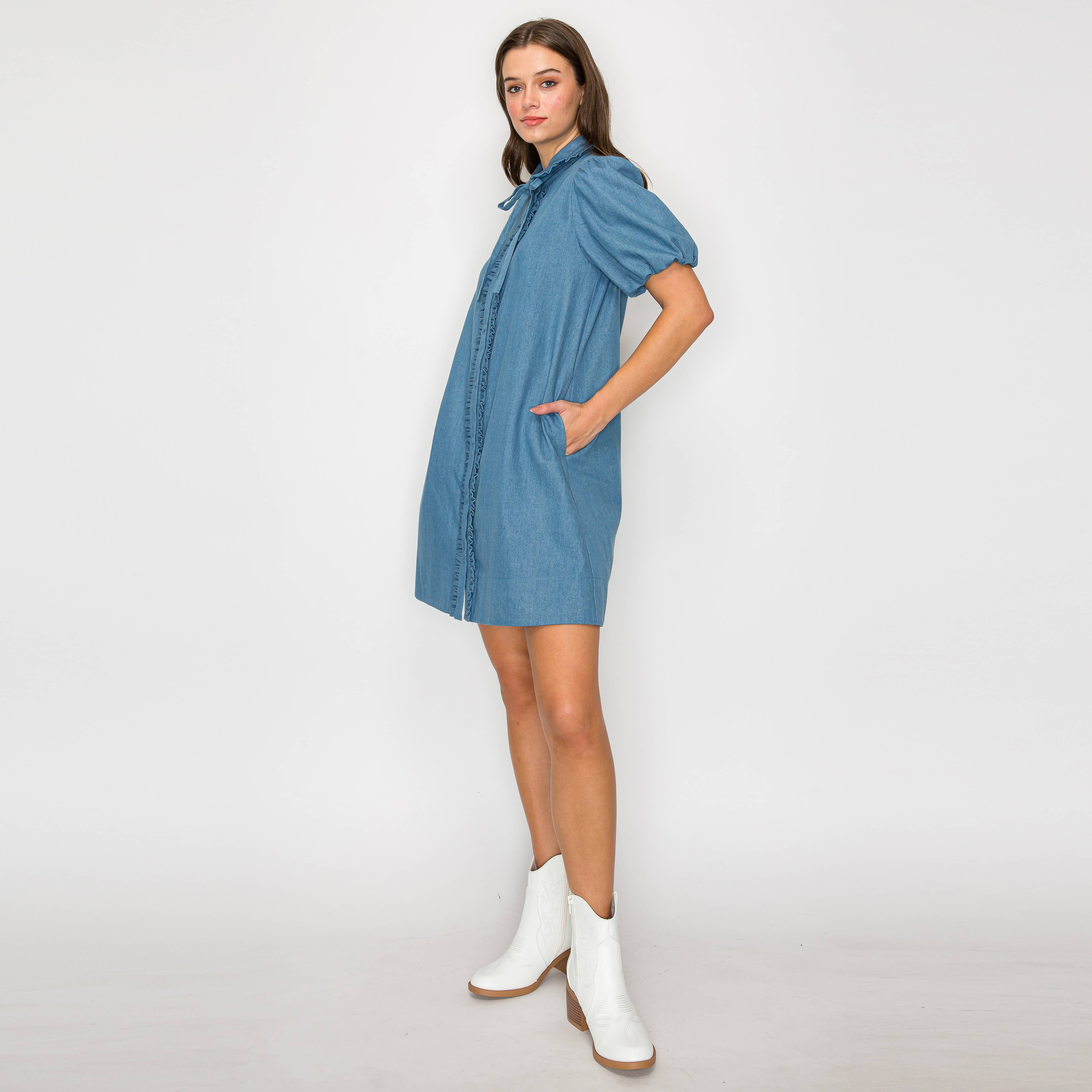 Ruffle Detail Collar Denim Mini Dress