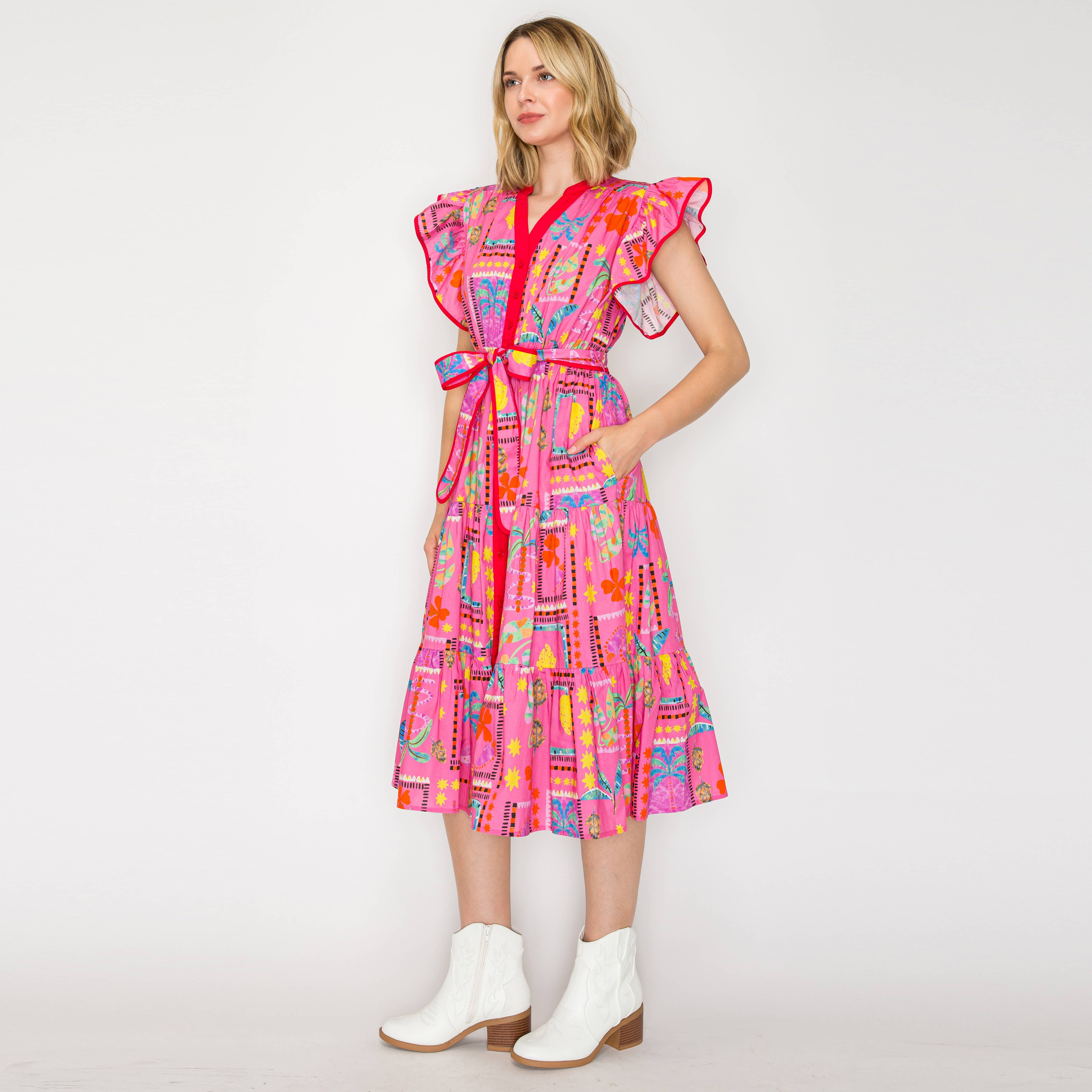 Pink Western Tropical Midi Dress