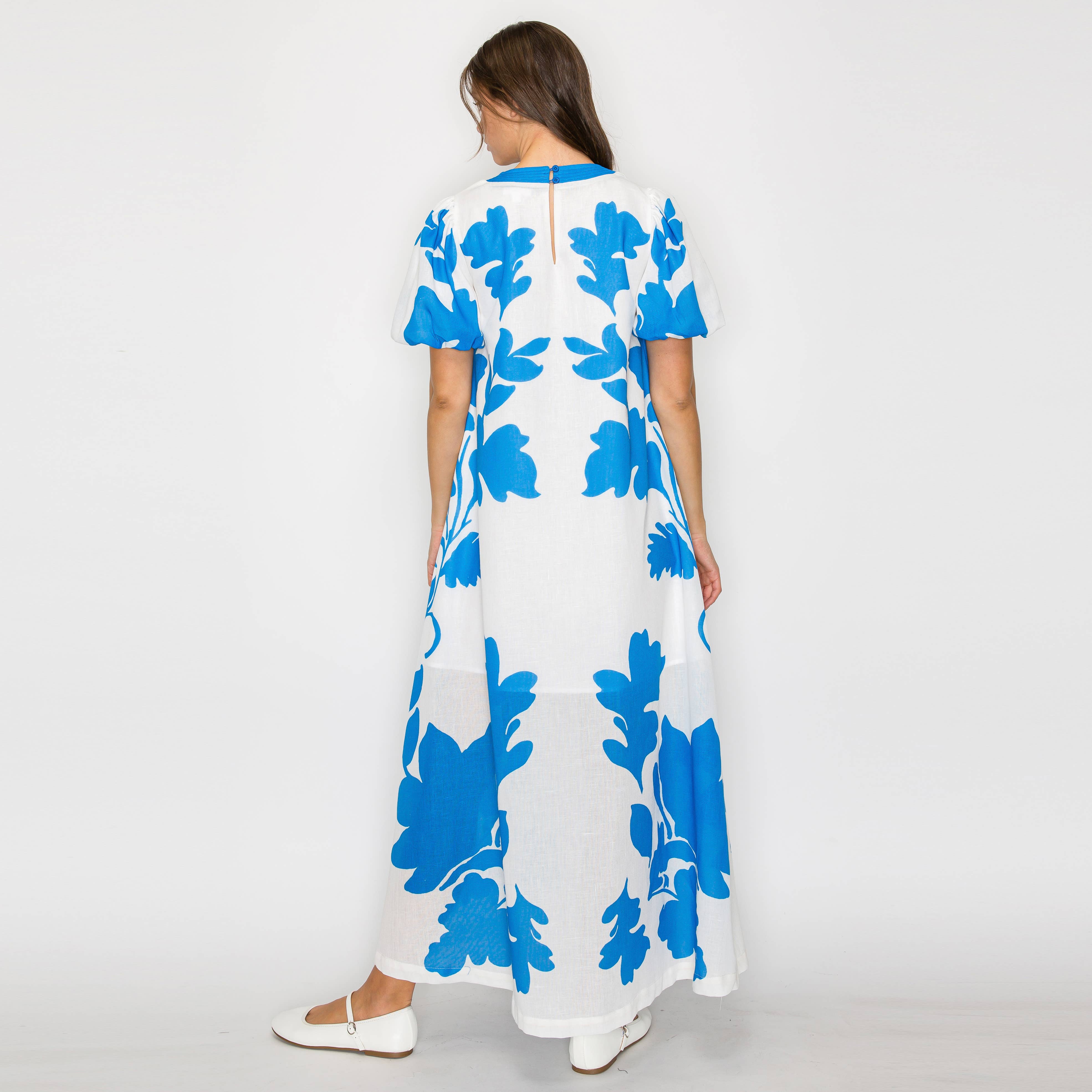 Blue Leaves Placement Print Long Dress