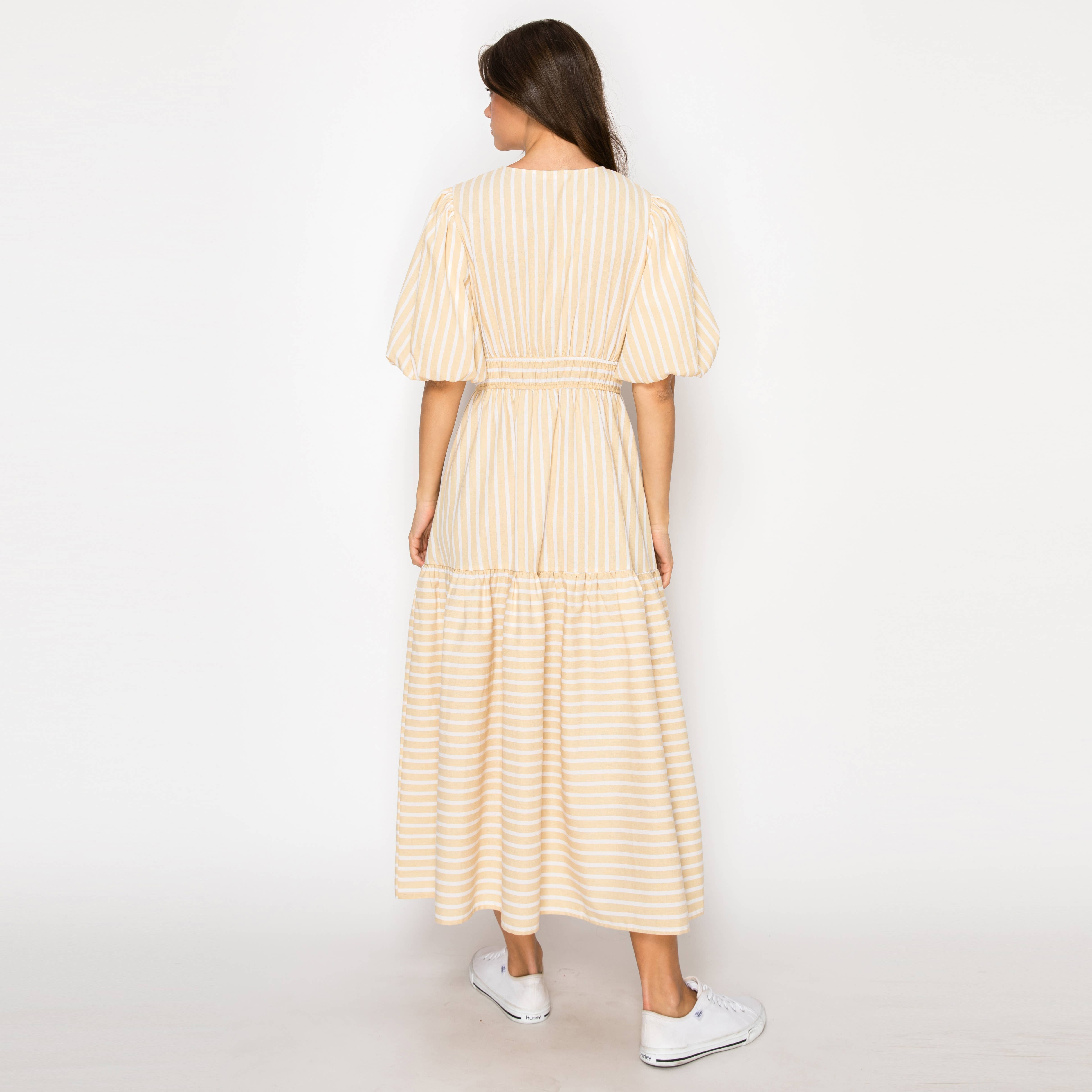 Soft Khaki Stripe Linen Midi Dress