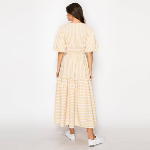 Soft Khaki Stripe Linen Midi Dress