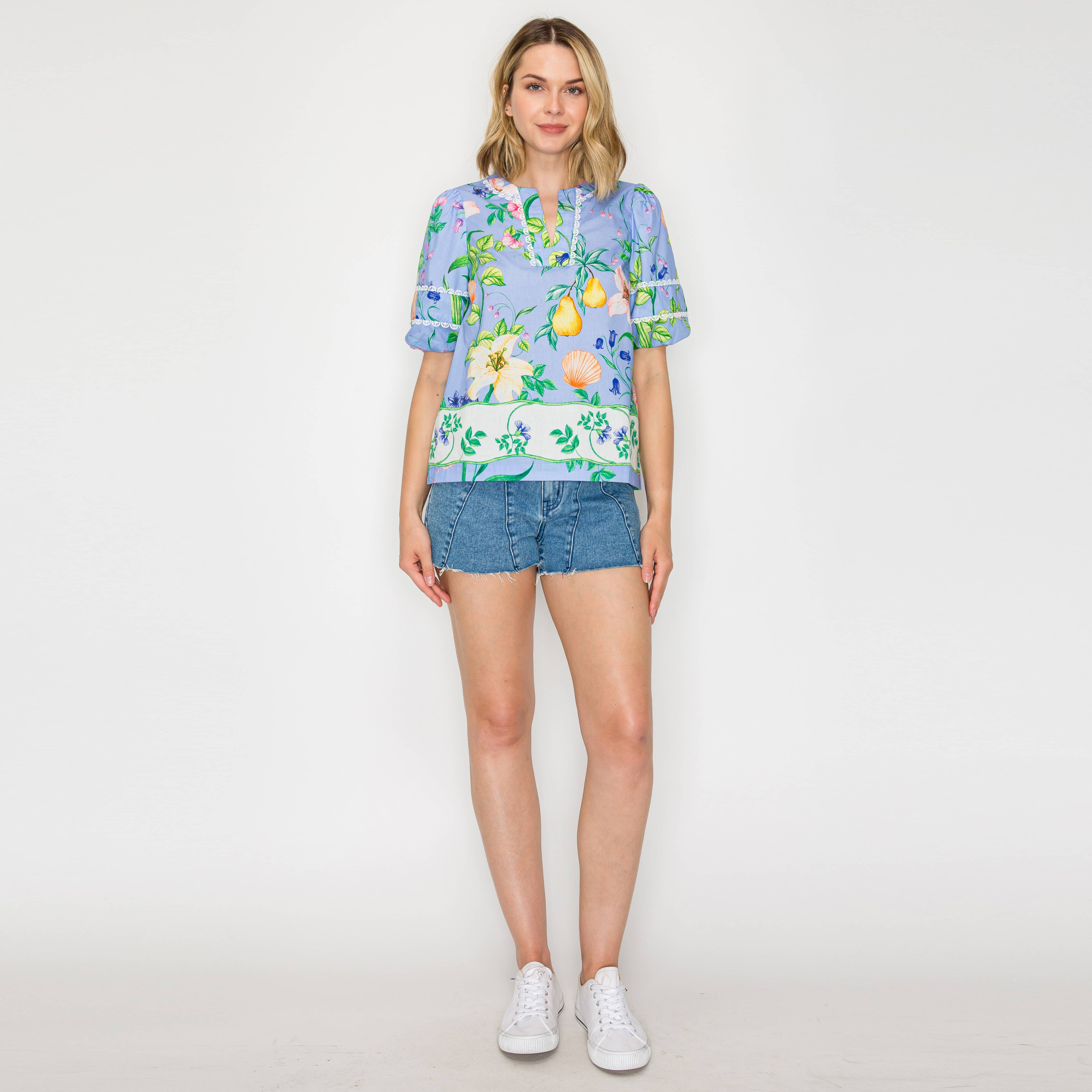 Summer Romantic Garden with Shell Blue Blouse