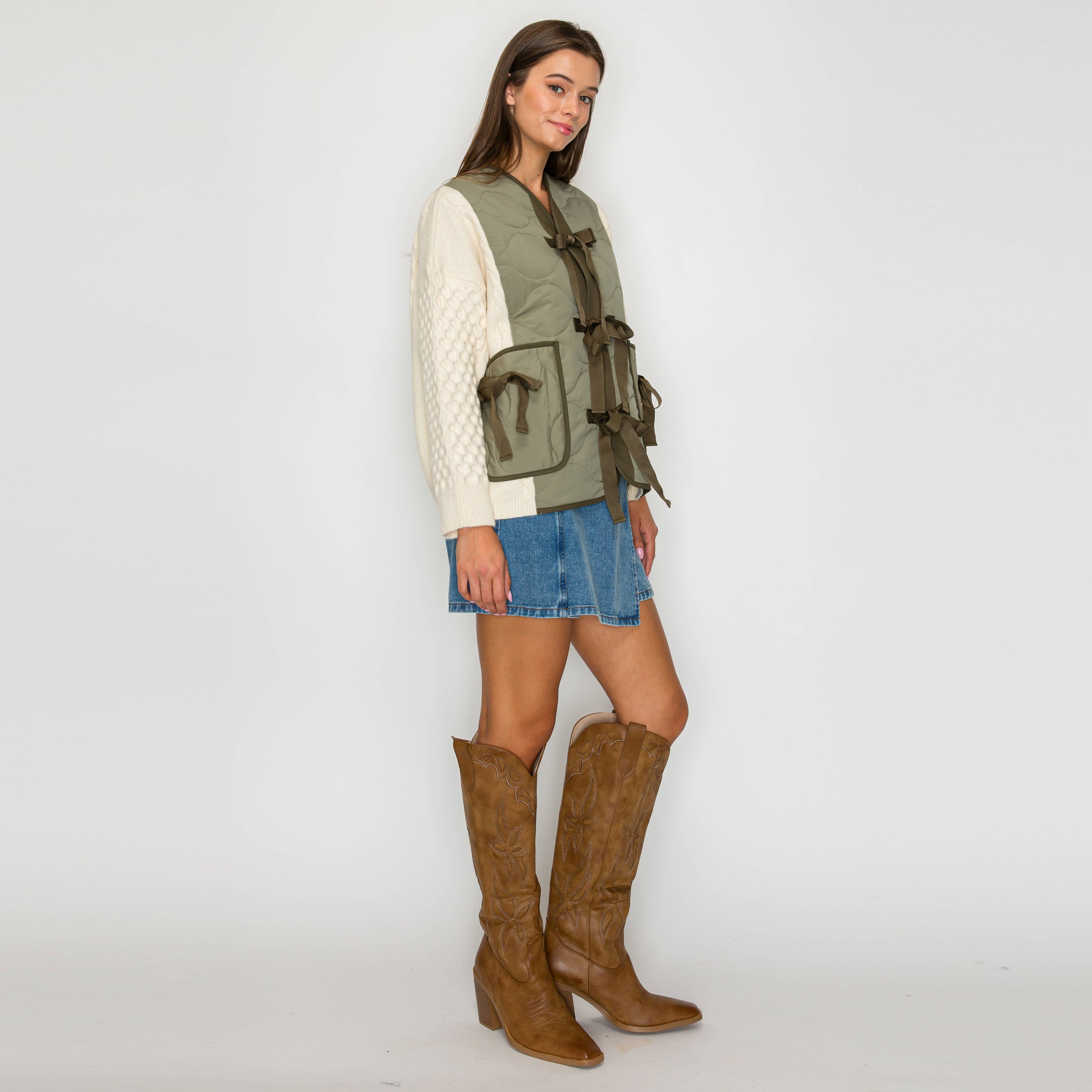 Olive Charm Quilted Bow-Tie Jacket
