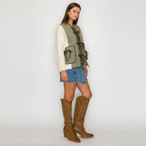 Olive Charm Quilted Bow-Tie Jacket