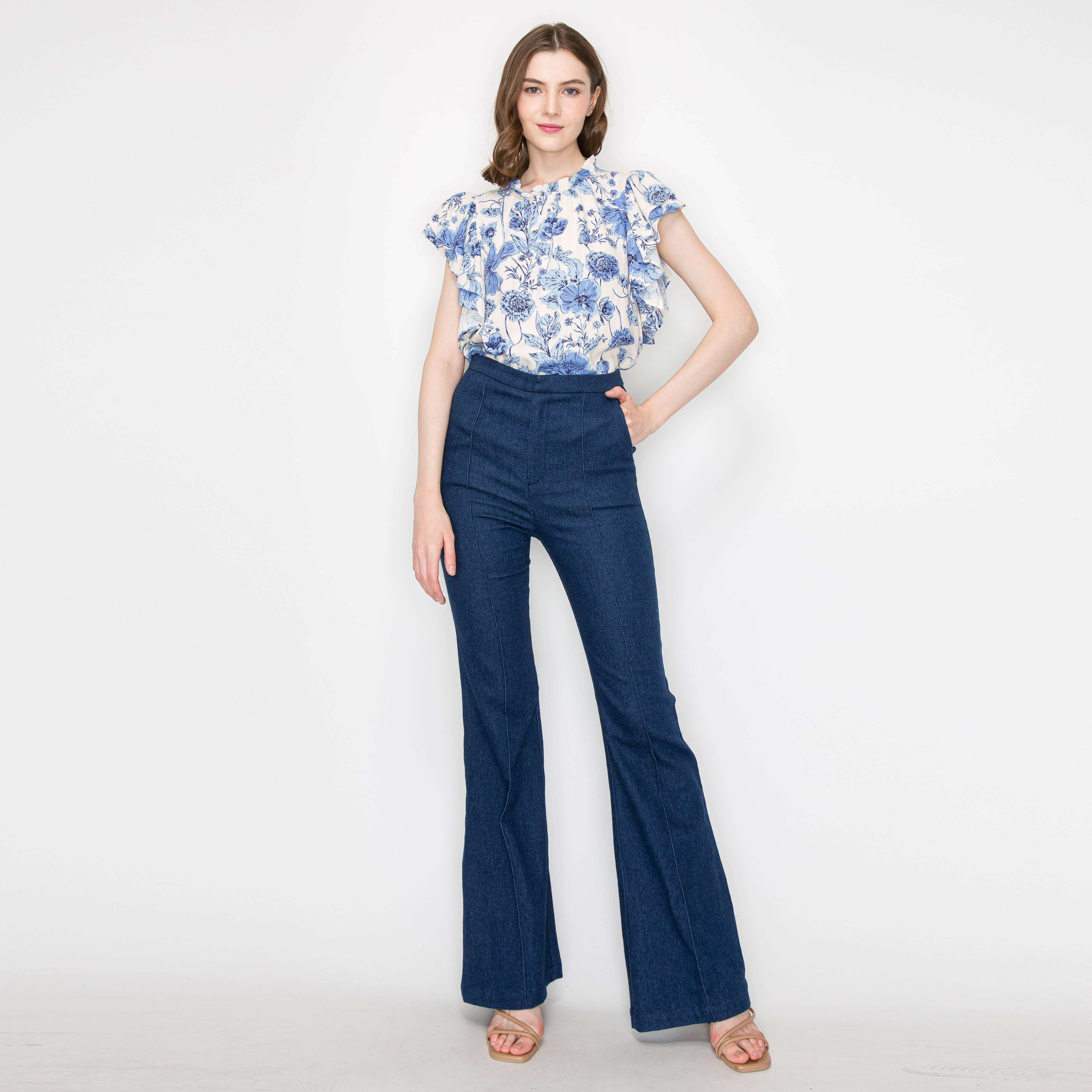 Print linen top with double ruffle sleeves