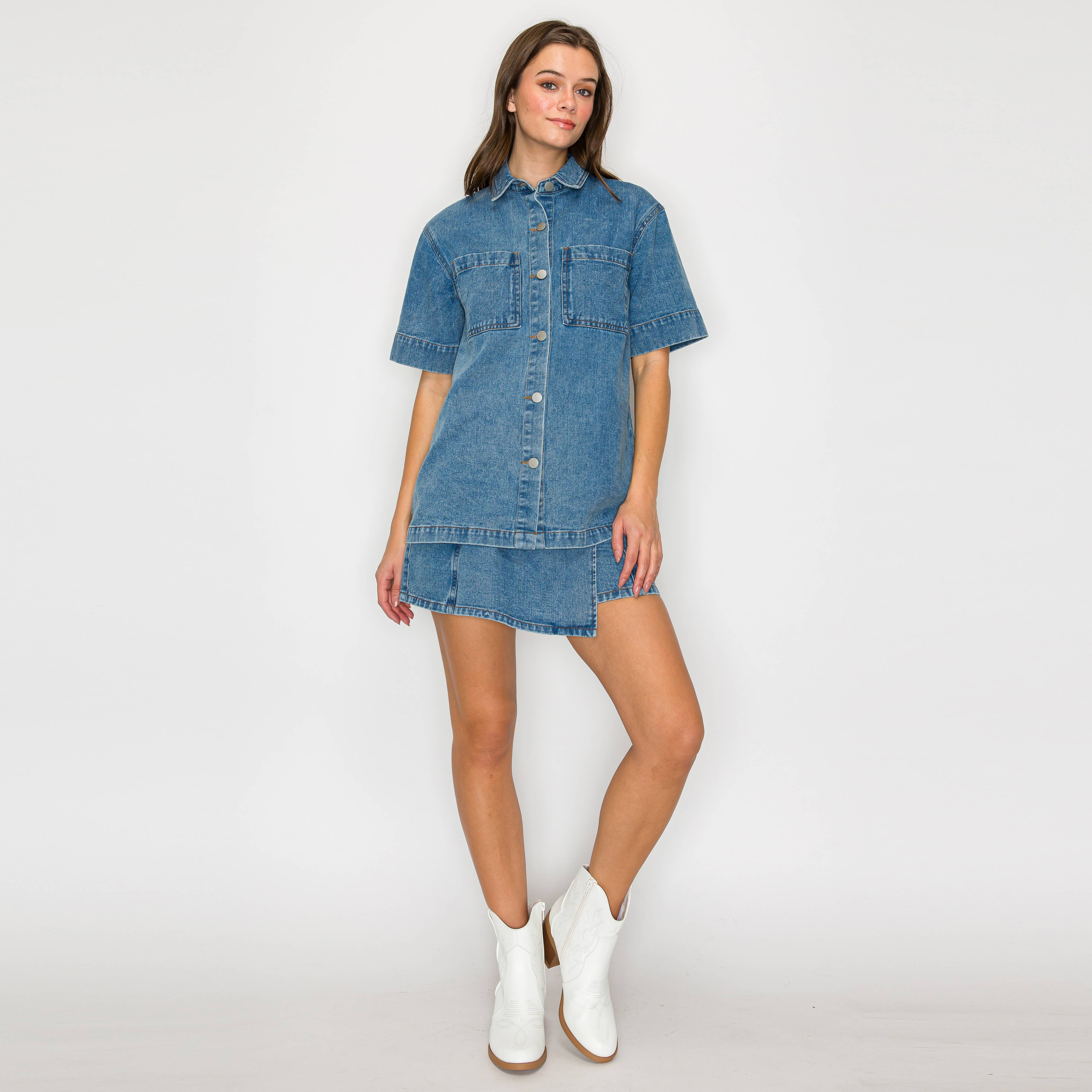 Washed Denim Short Sleeve Shacket