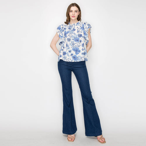 Print linen top with double ruffle sleeves