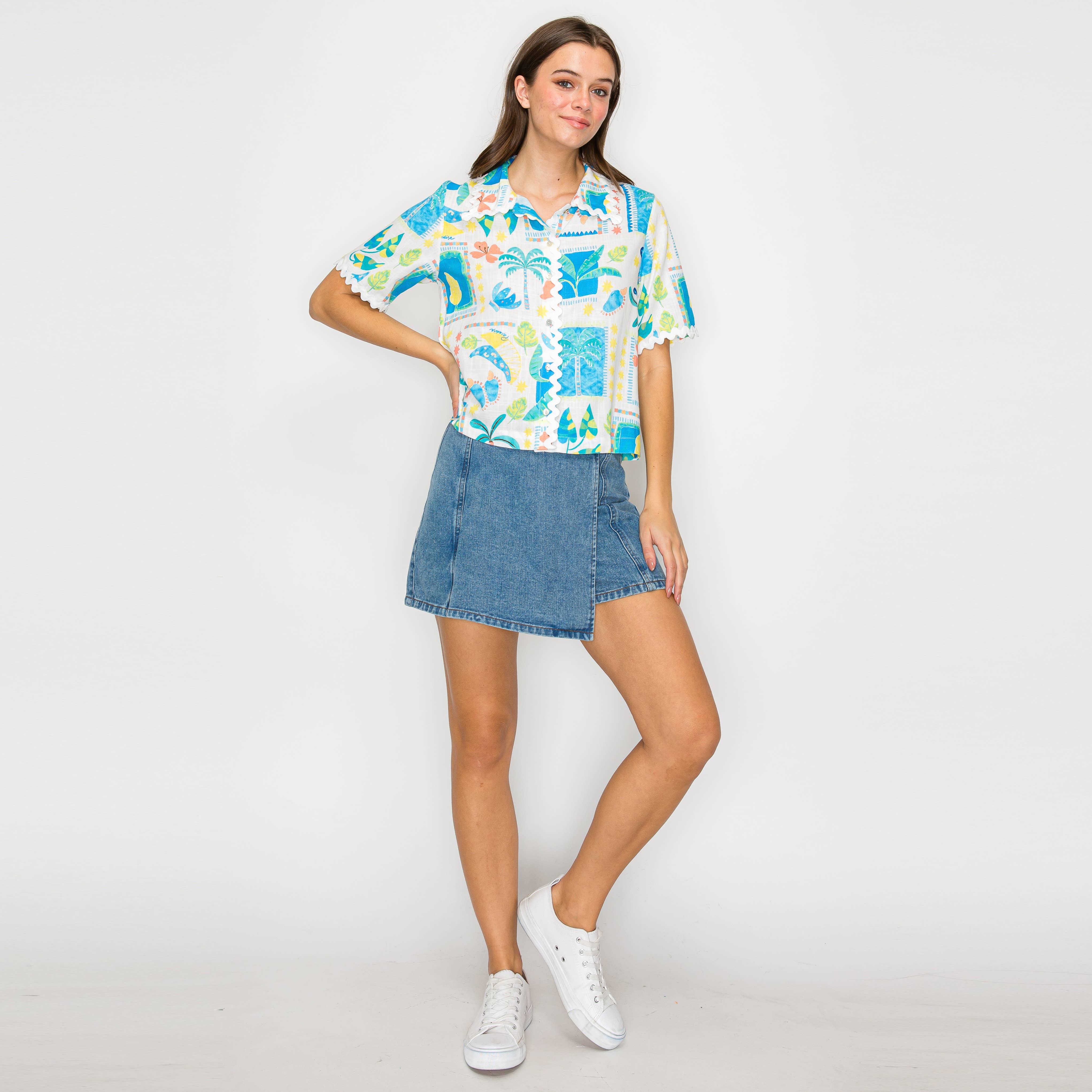 Retro Blue Palm Tree Print Shirts w/ Rick Rack trim- LWT2045
