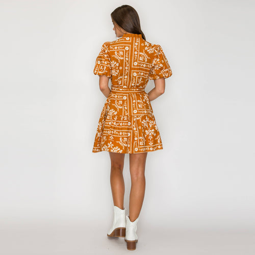 Caramel Bandana Print Cotton Mini Dress