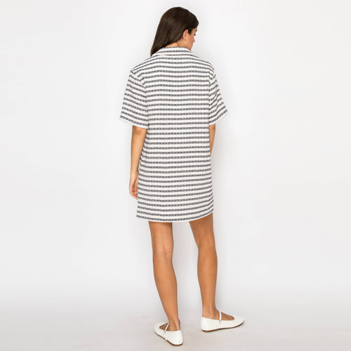 Black & White Stripe French Boucle Shirts Mini Dress-LWD2868