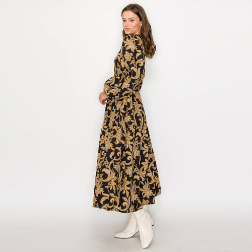 Rich Black & Gold Paisley Print Midi Dress