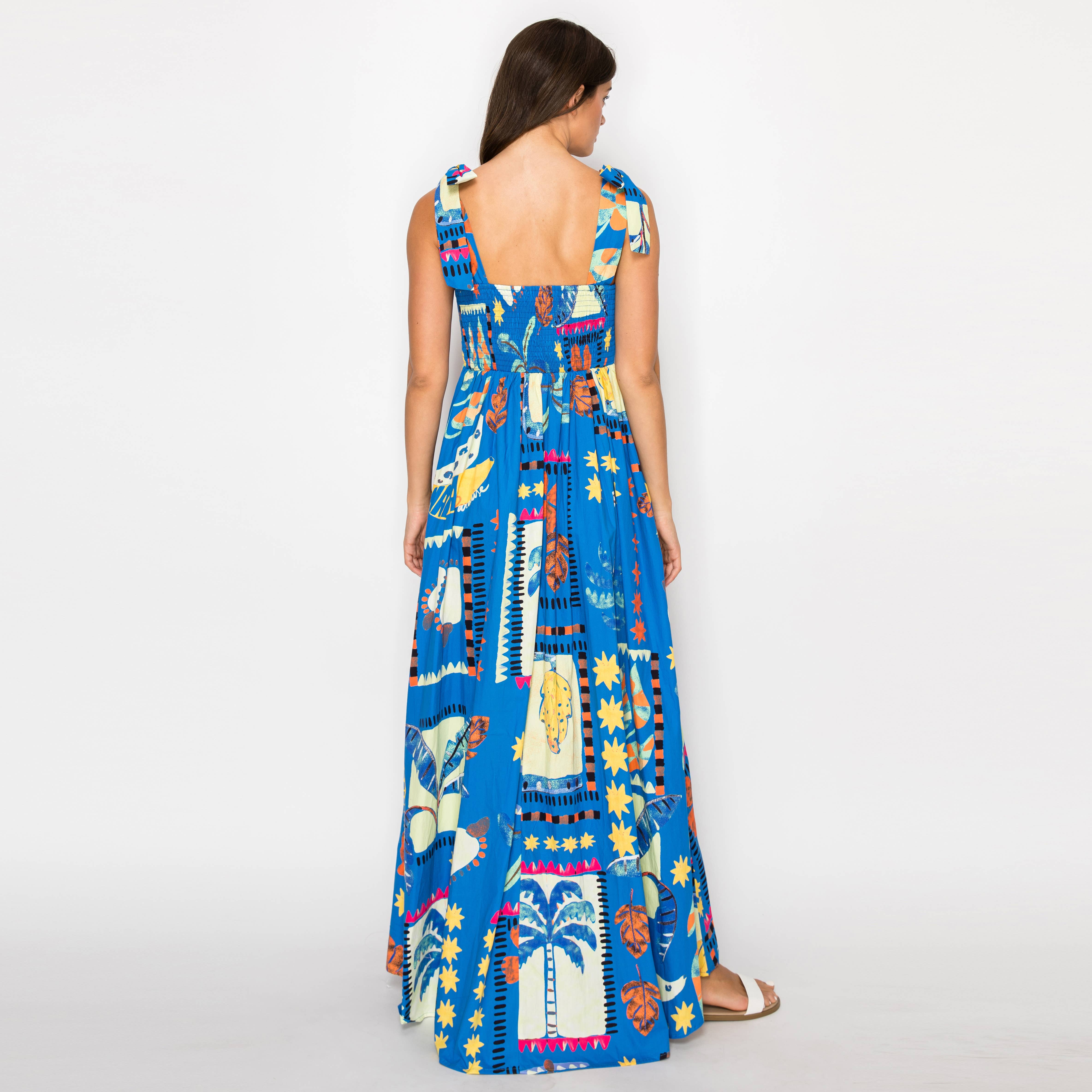 New Retro Blue Tropical Maxi Dress
