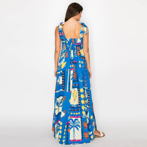 New Retro Blue Tropical Maxi Dress