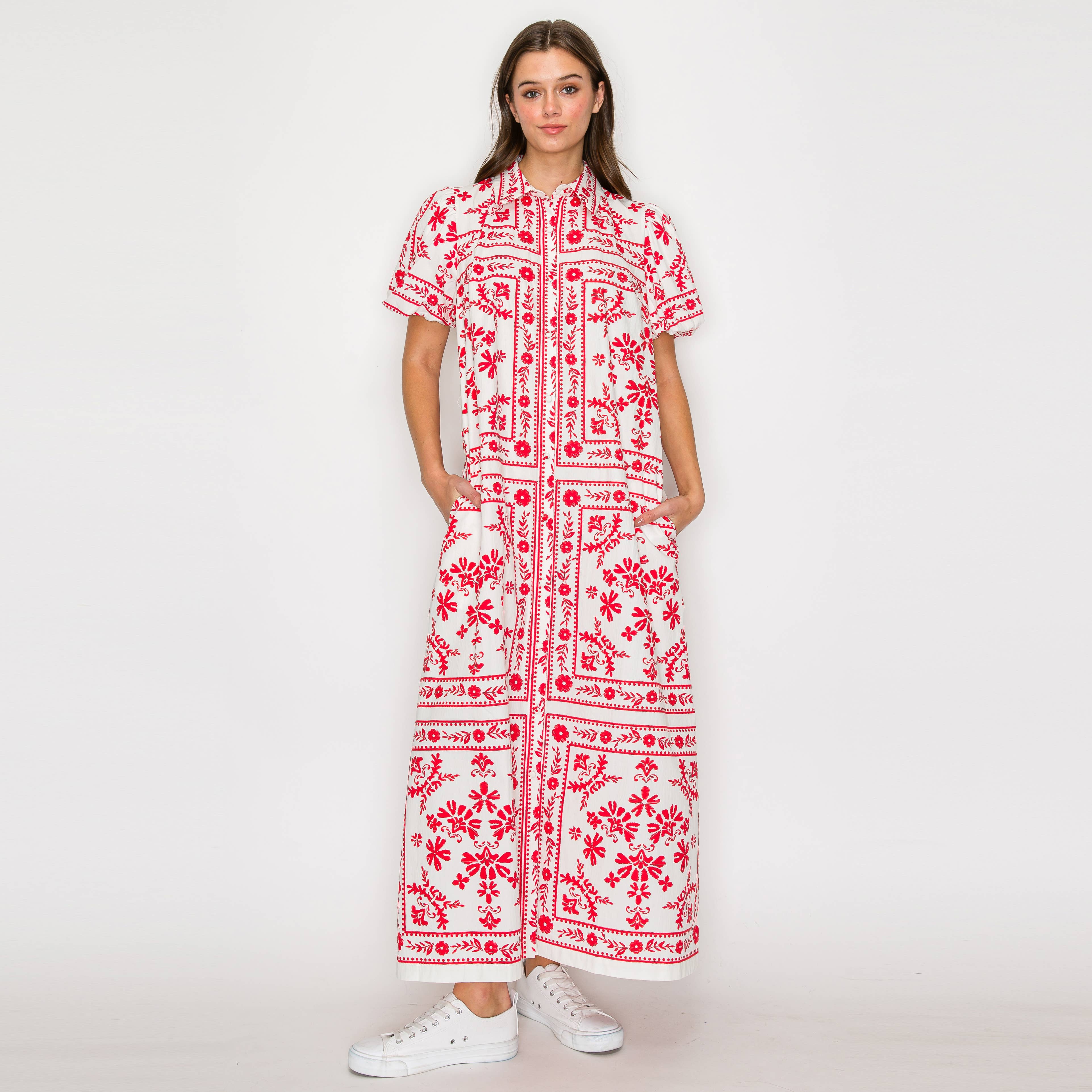 Red Bandana Print Shirts Maxi Dress