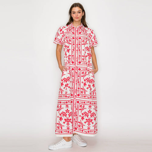 Red Bandana Print Shirts Maxi Dress