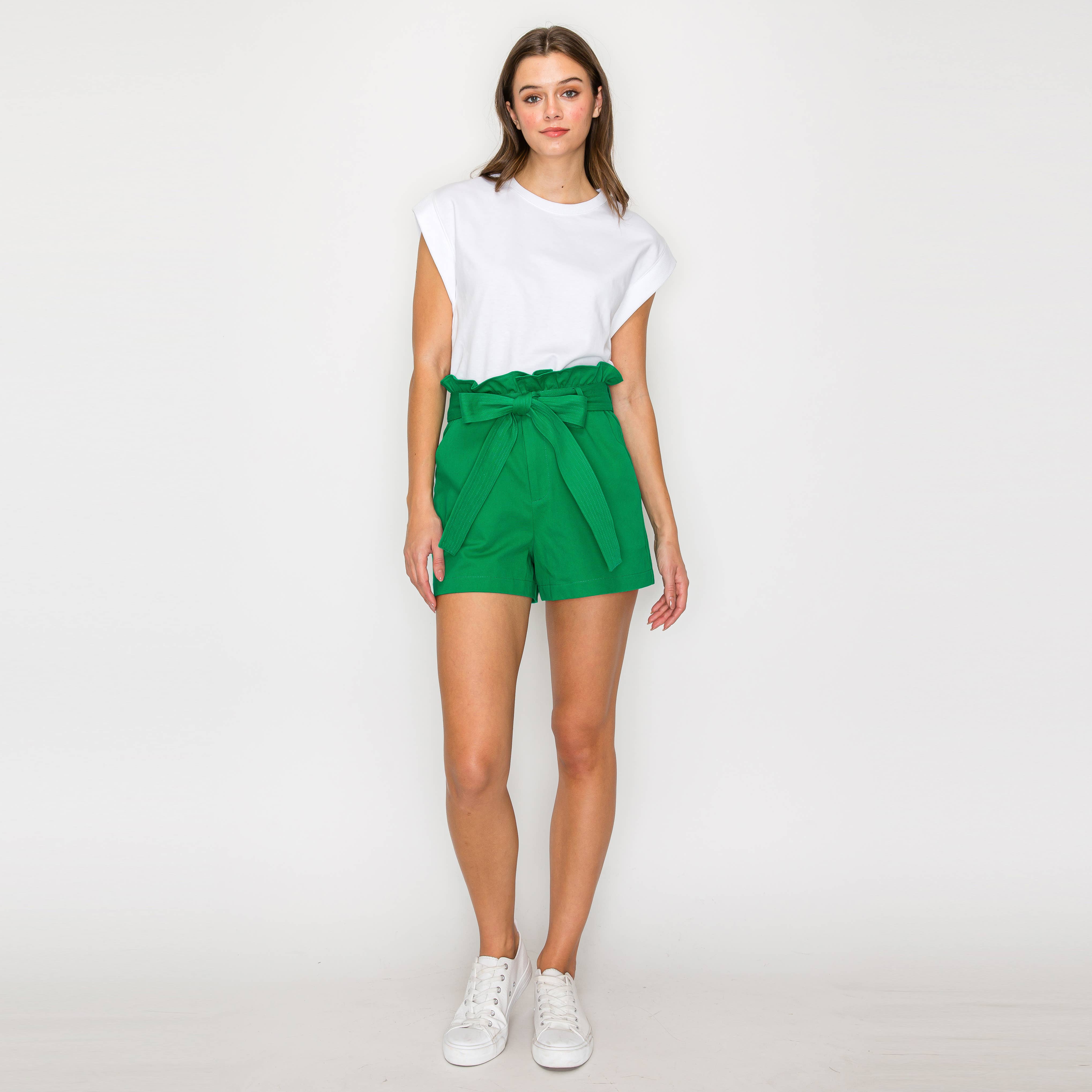Shopper Bag Shorts with Sash Belt - GREEN - LWTP1314