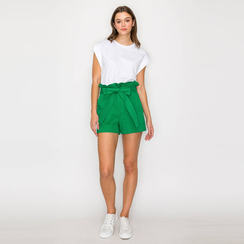 Shopper Bag Shorts with Sash Belt - GREEN - LWTP1314