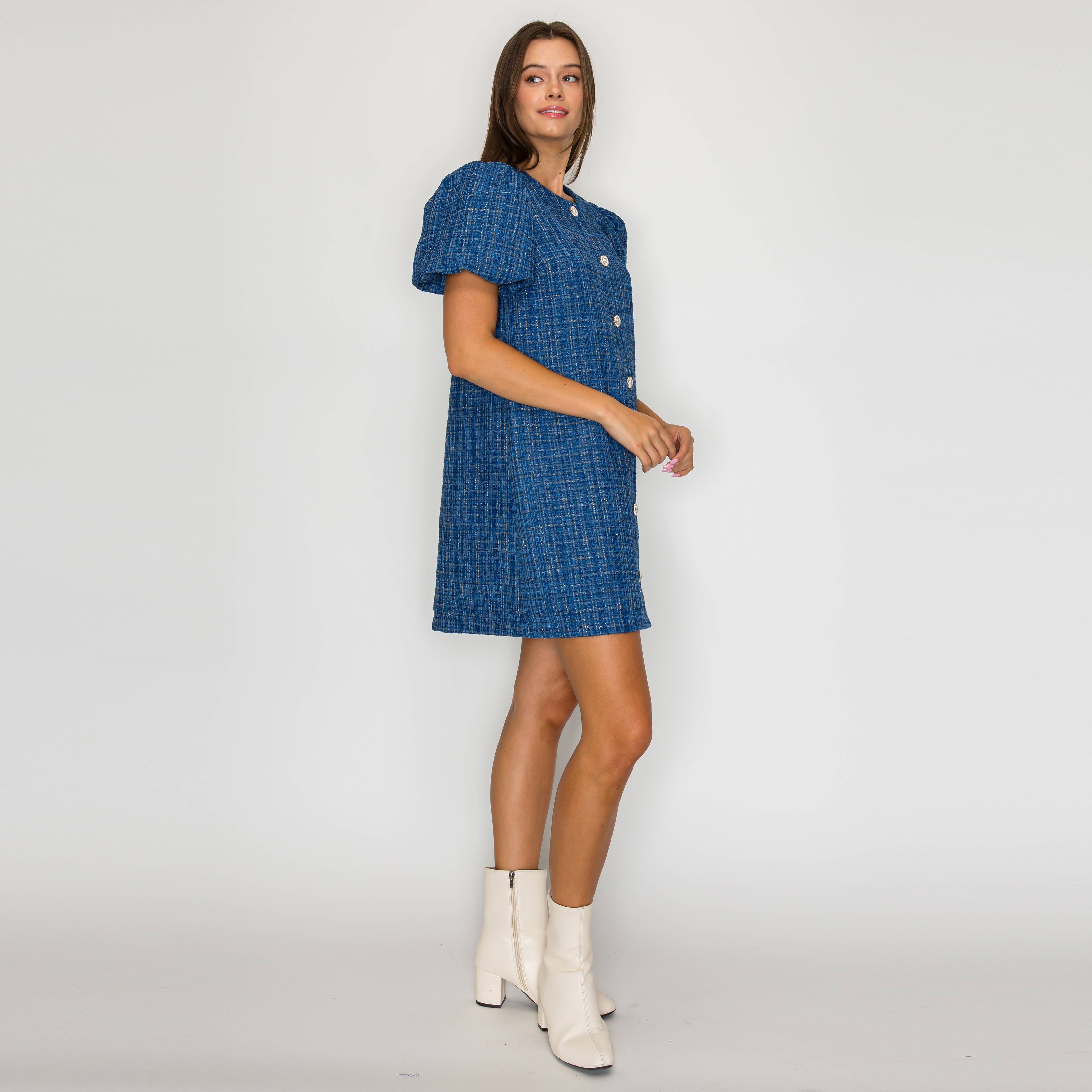 Classic Boucle Mini Shift Dress in Denim Blue