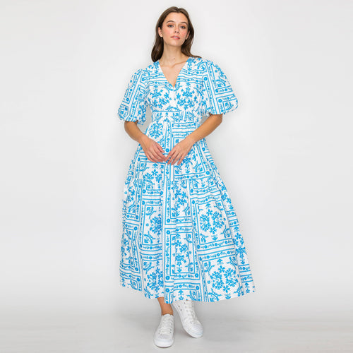 Blue Bandana Print Midi Dress