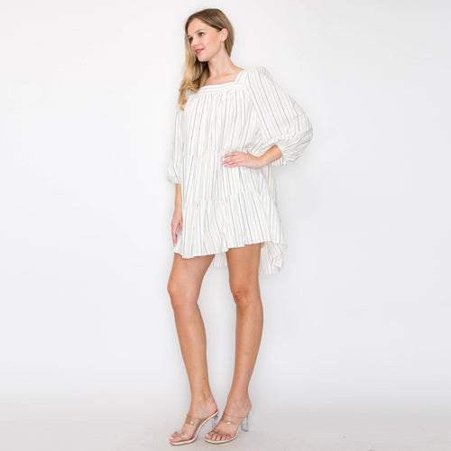 Striped linen mini dress with 3/4 sleeves