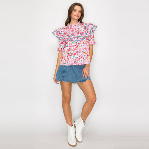 Double Ruffle Cotton Blouse Wildflower Print - Pink -LWT1981