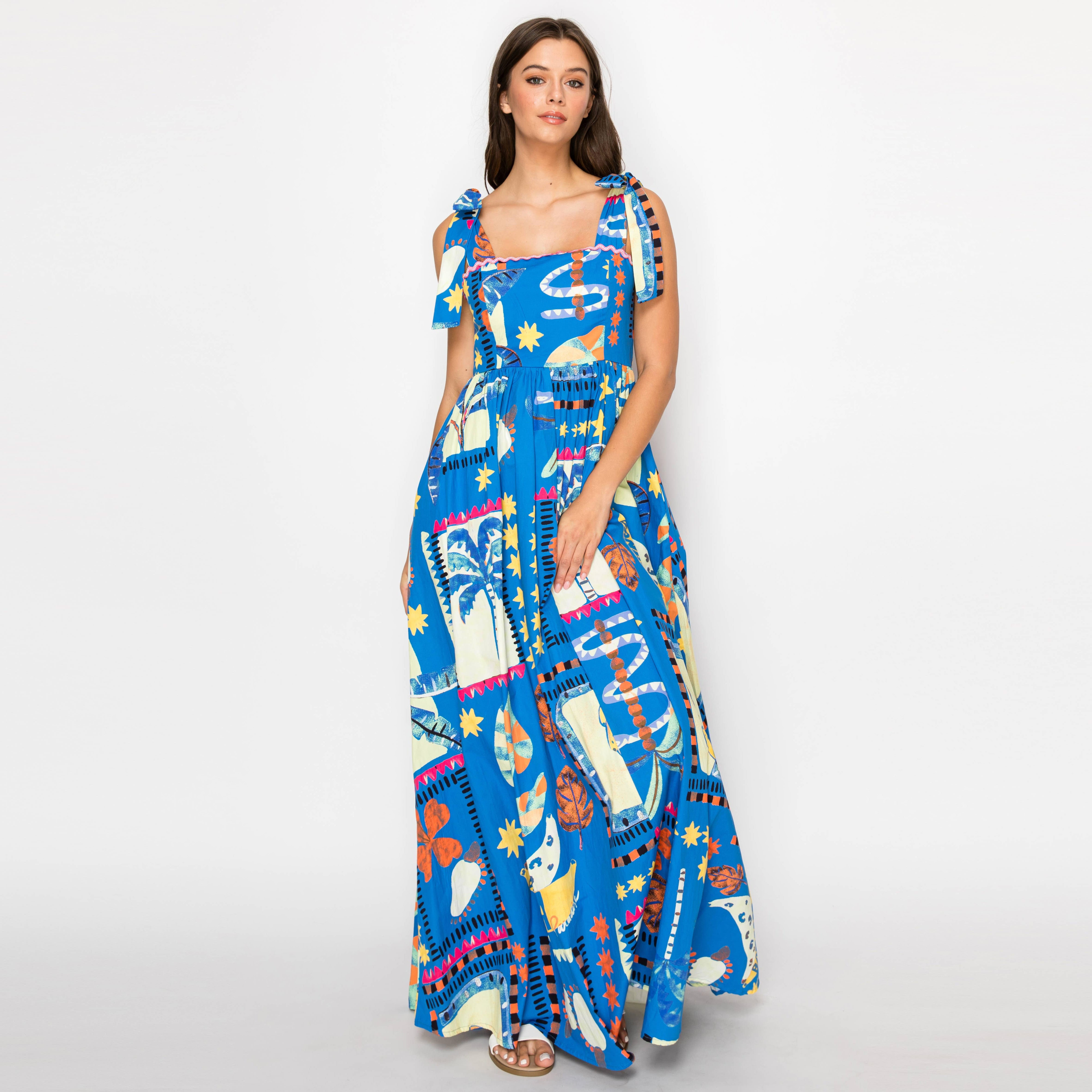 New Retro Blue Tropical Maxi Dress