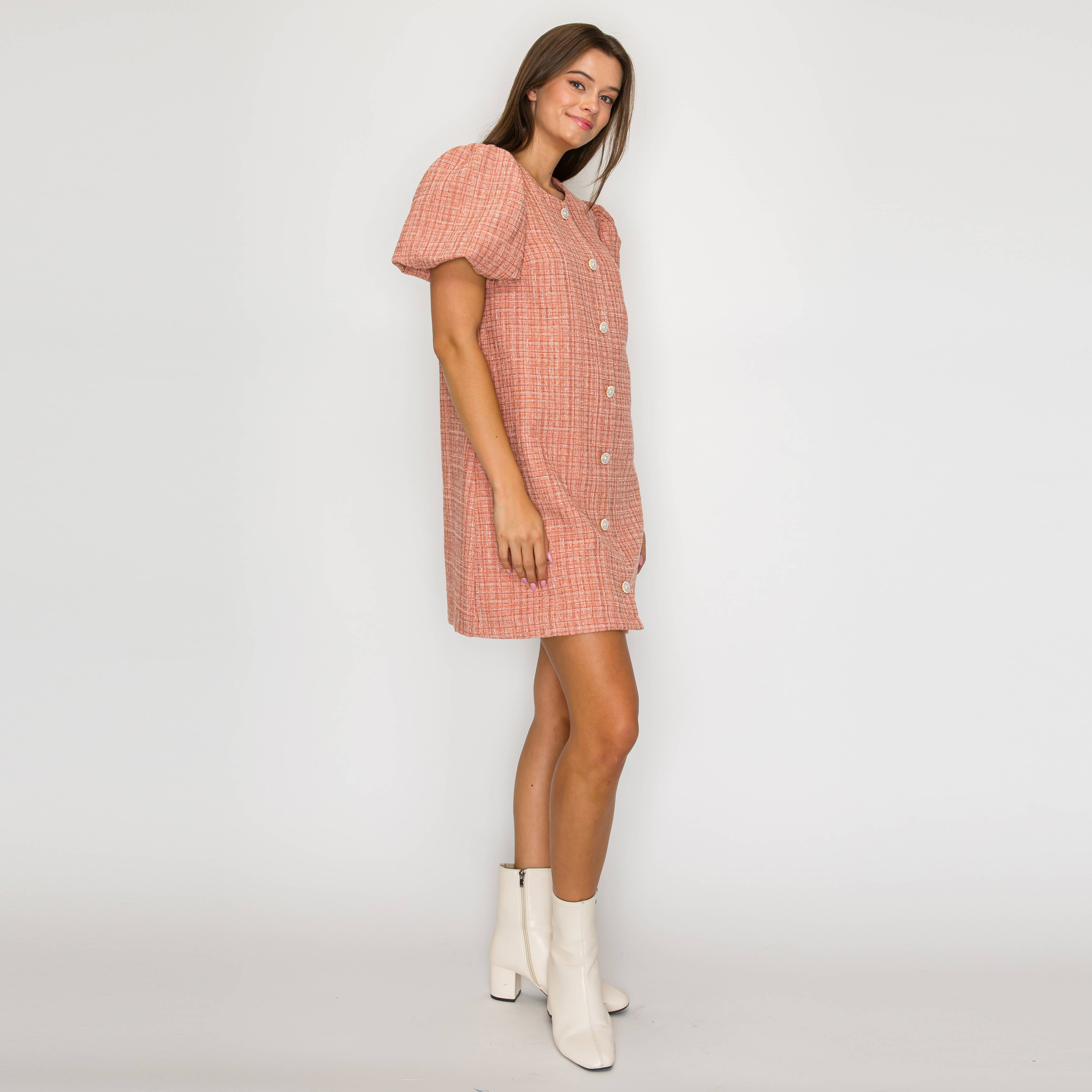 Classic Boucle Mini Shift Dress in Salmon Pink