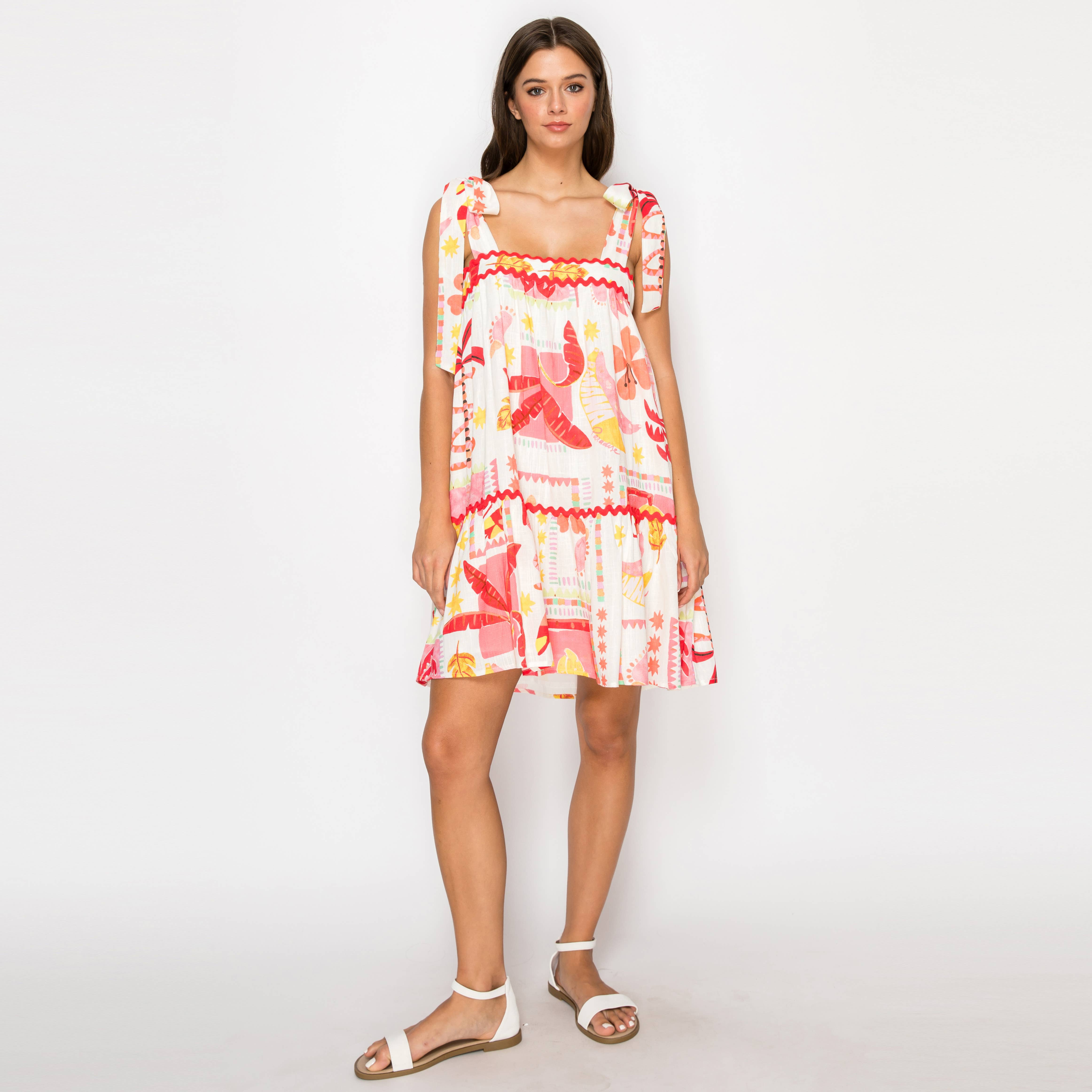 Pink Banana Retro Tropical Print Mini Dress