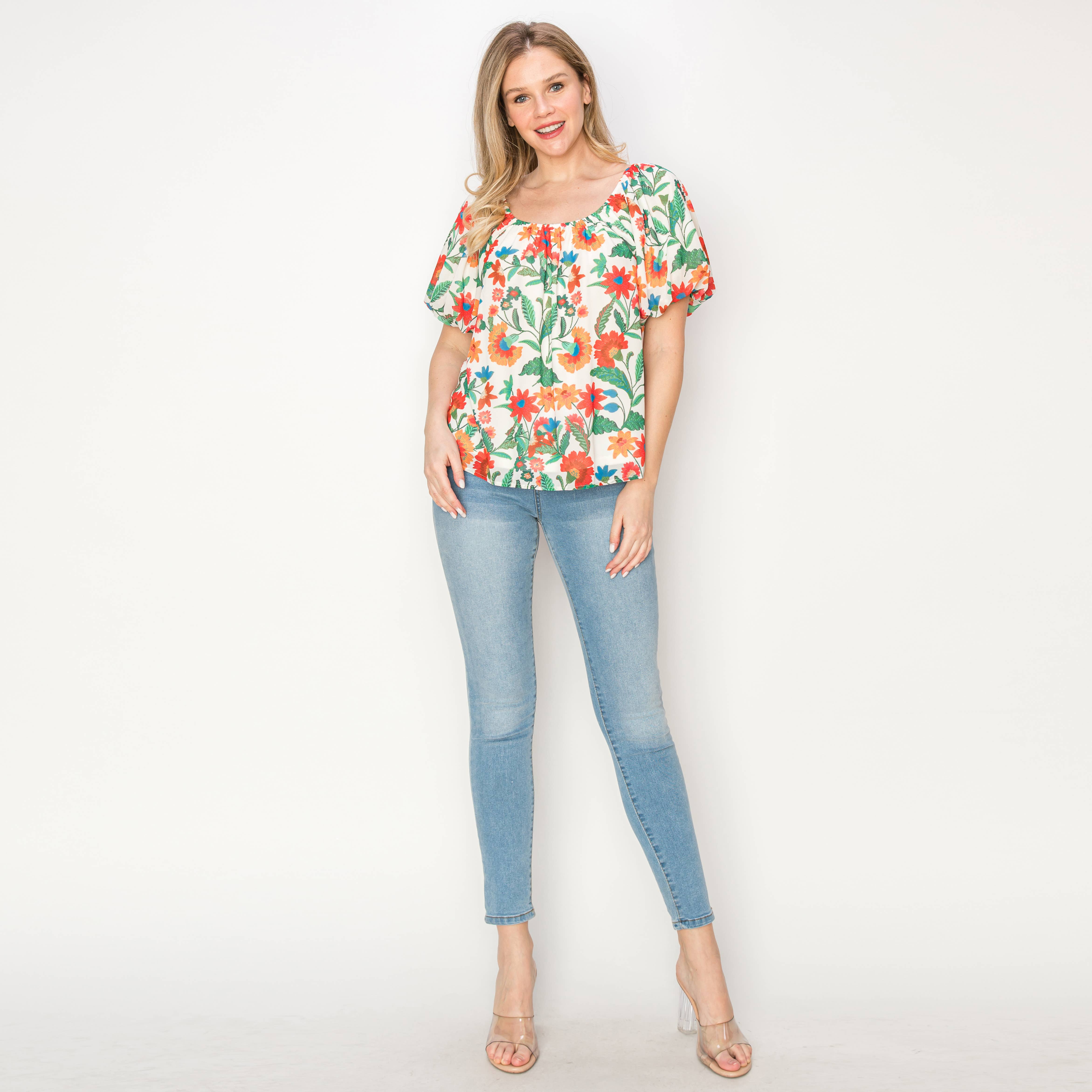 Summer Jacobean print blouse with bubble sleeves