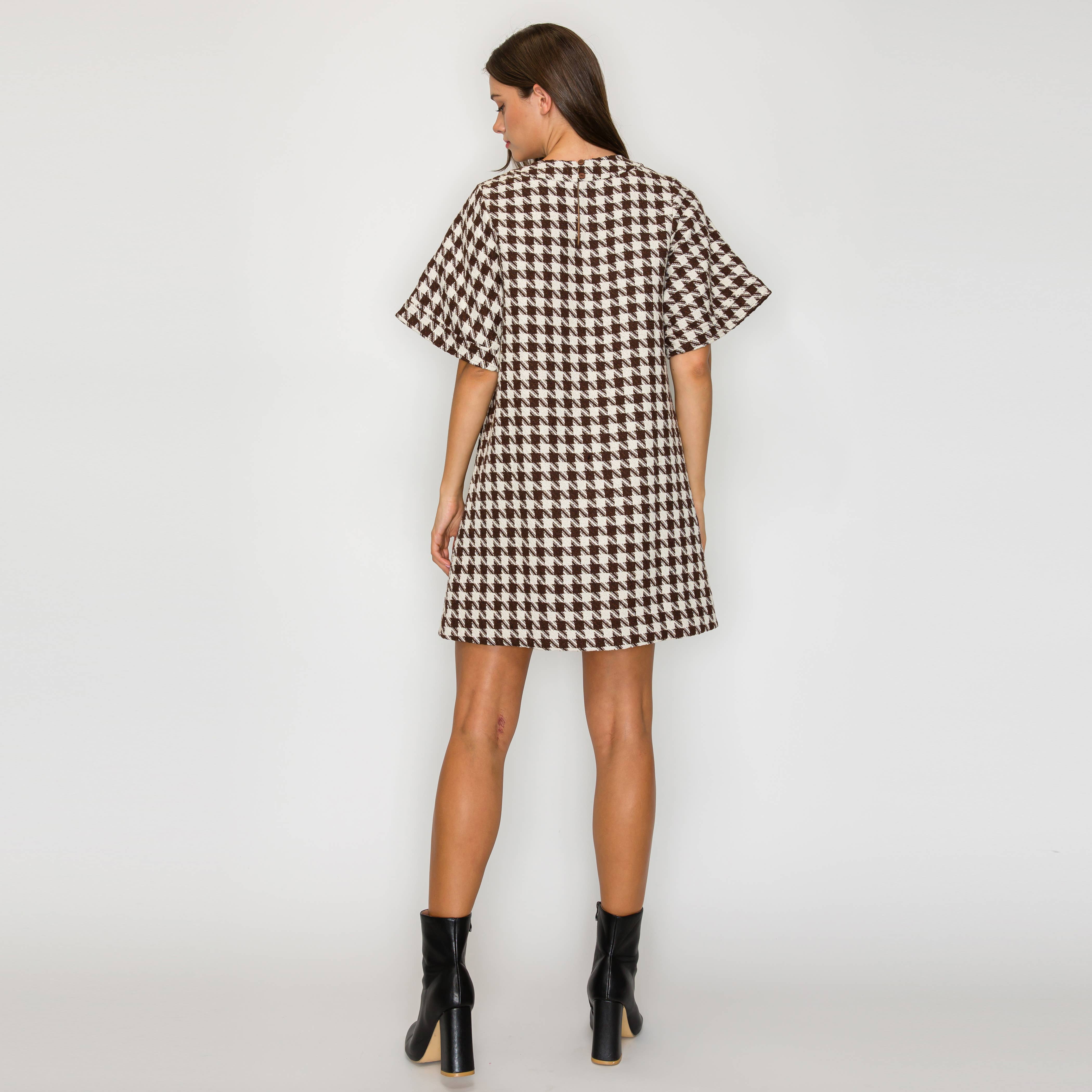 Mocha Latte Houndstooth JQD Mini Dress