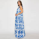 Blue Leaves Placement Print Maxi Halter Dress