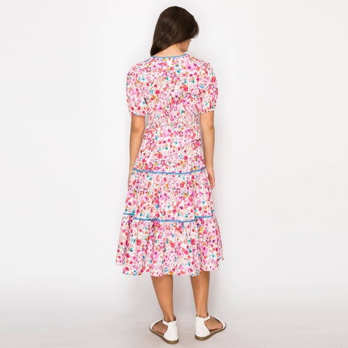 Double Bow Tie Midi Dress with Wild Flower Print