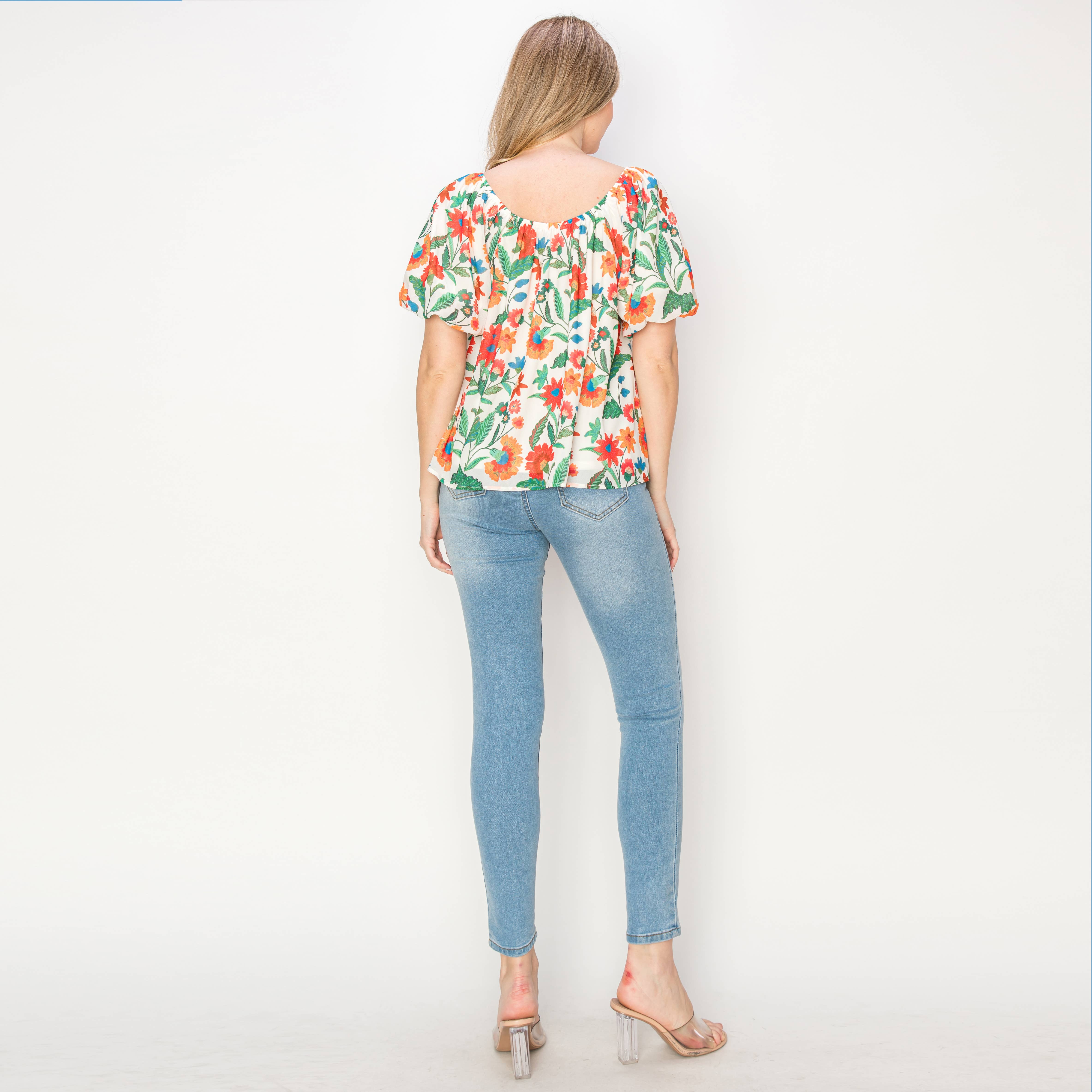 Summer Jacobean print blouse with bubble sleeves