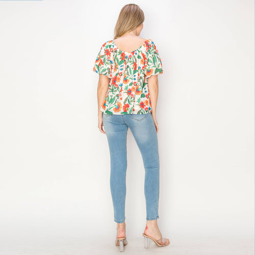 Summer Jacobean print blouse with bubble sleeves