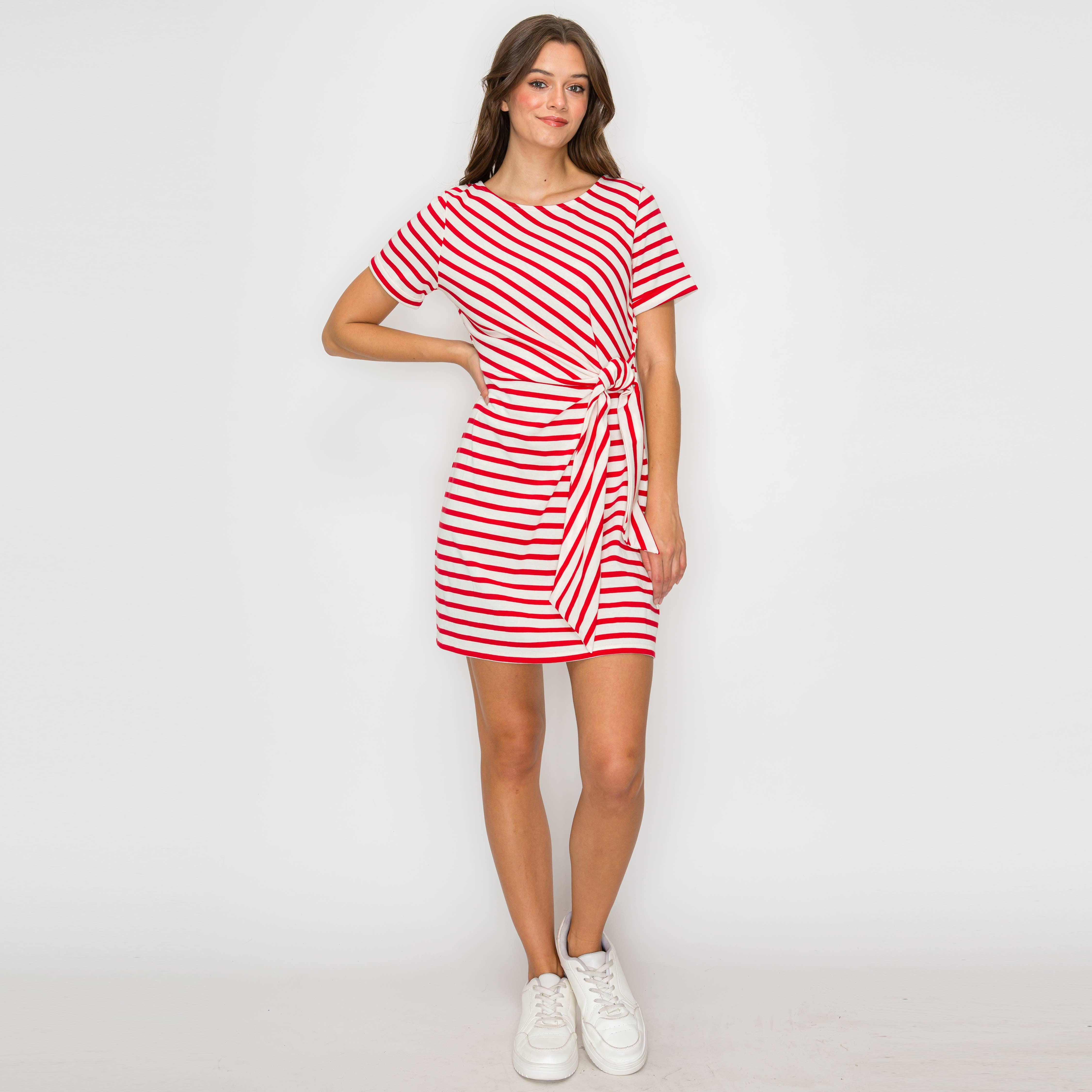 Red Striped Knit Mini Dress with Front Tie