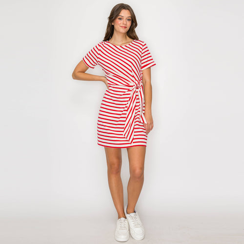 Red Striped Knit Mini Dress with Front Tie