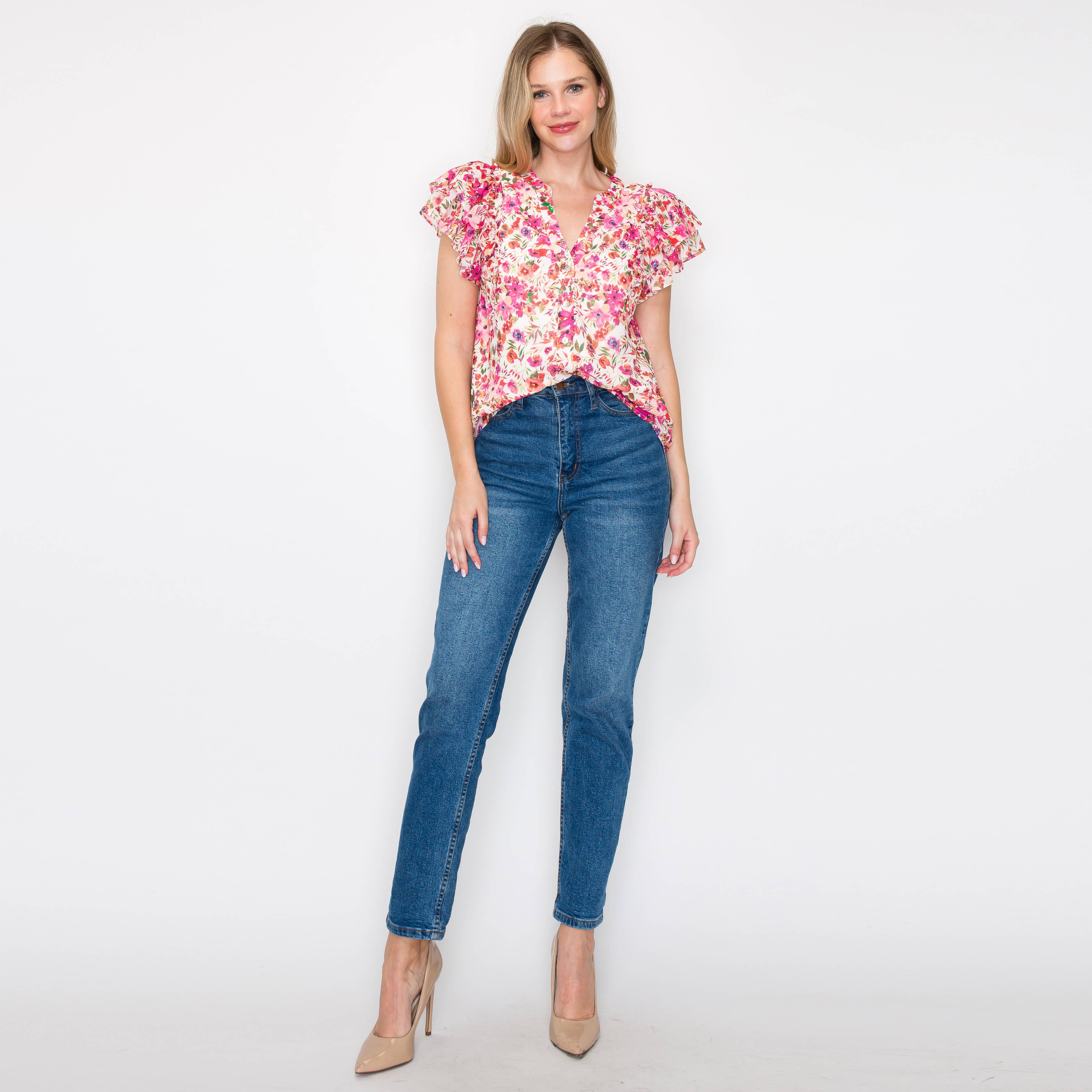 Print button-down blouse with double ruffle sleeves- LWT1547