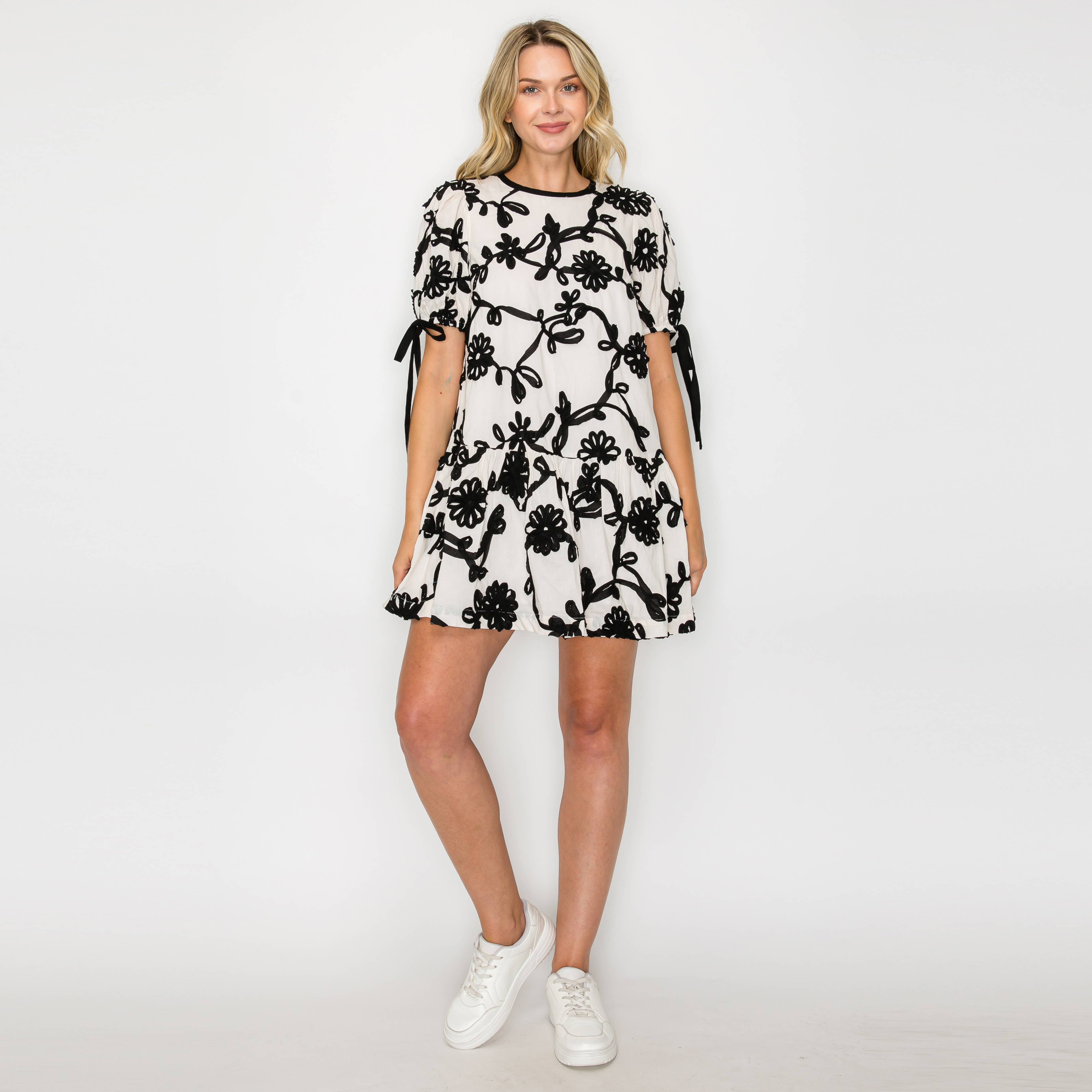 Ivory with Black Rosette Detail Mini Dress