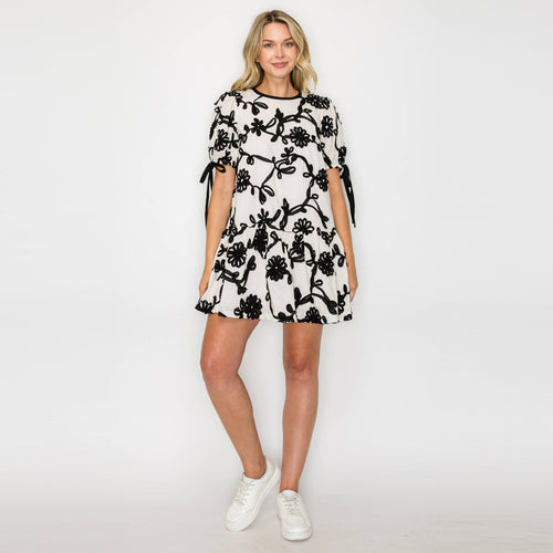 Ivory with Black Rosette Detail Mini Dress