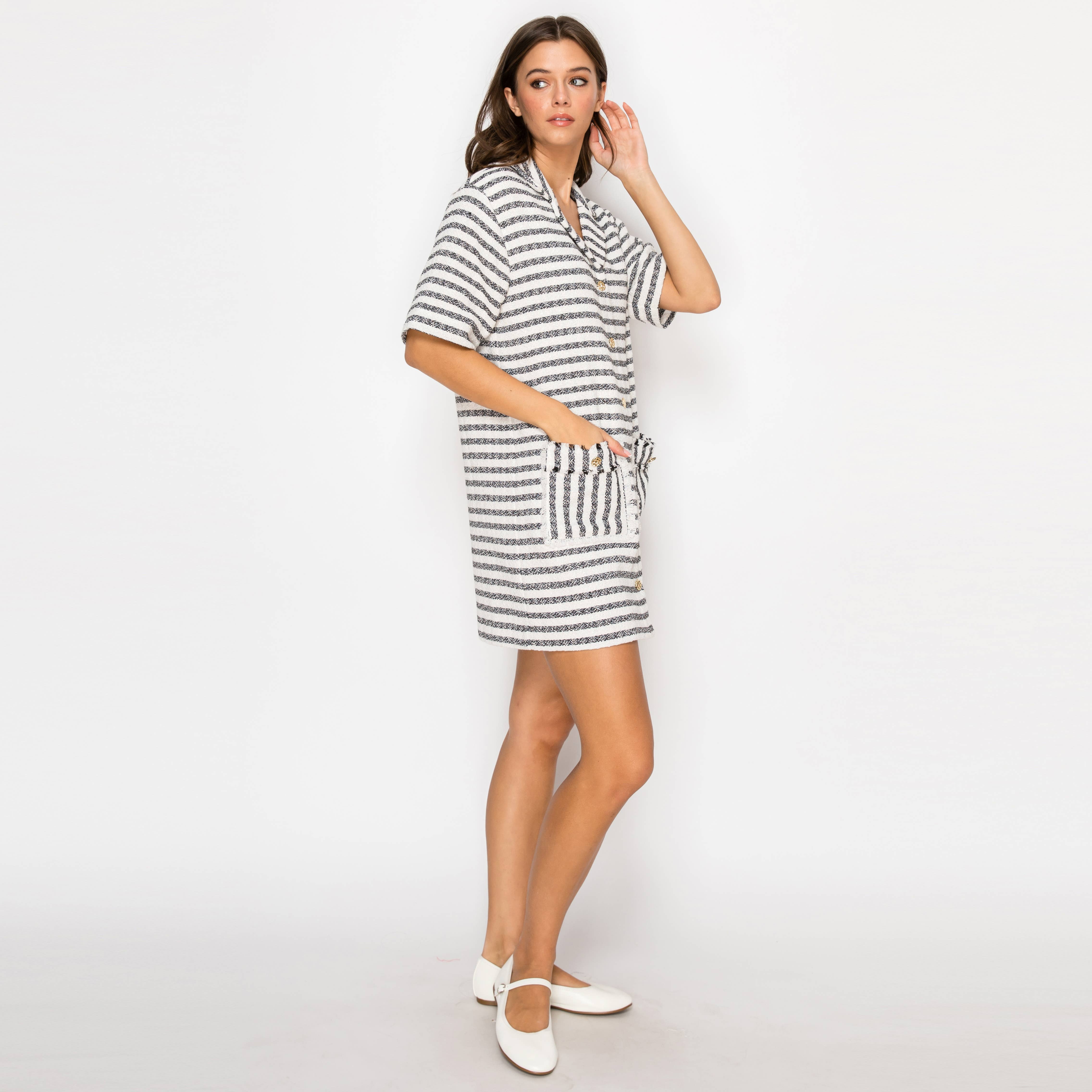 Black & White Stripe French Boucle Shirts Mini Dress-LWD2868