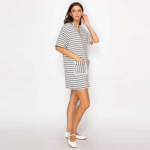 Black & White Stripe French Boucle Shirts Mini Dress-LWD2868