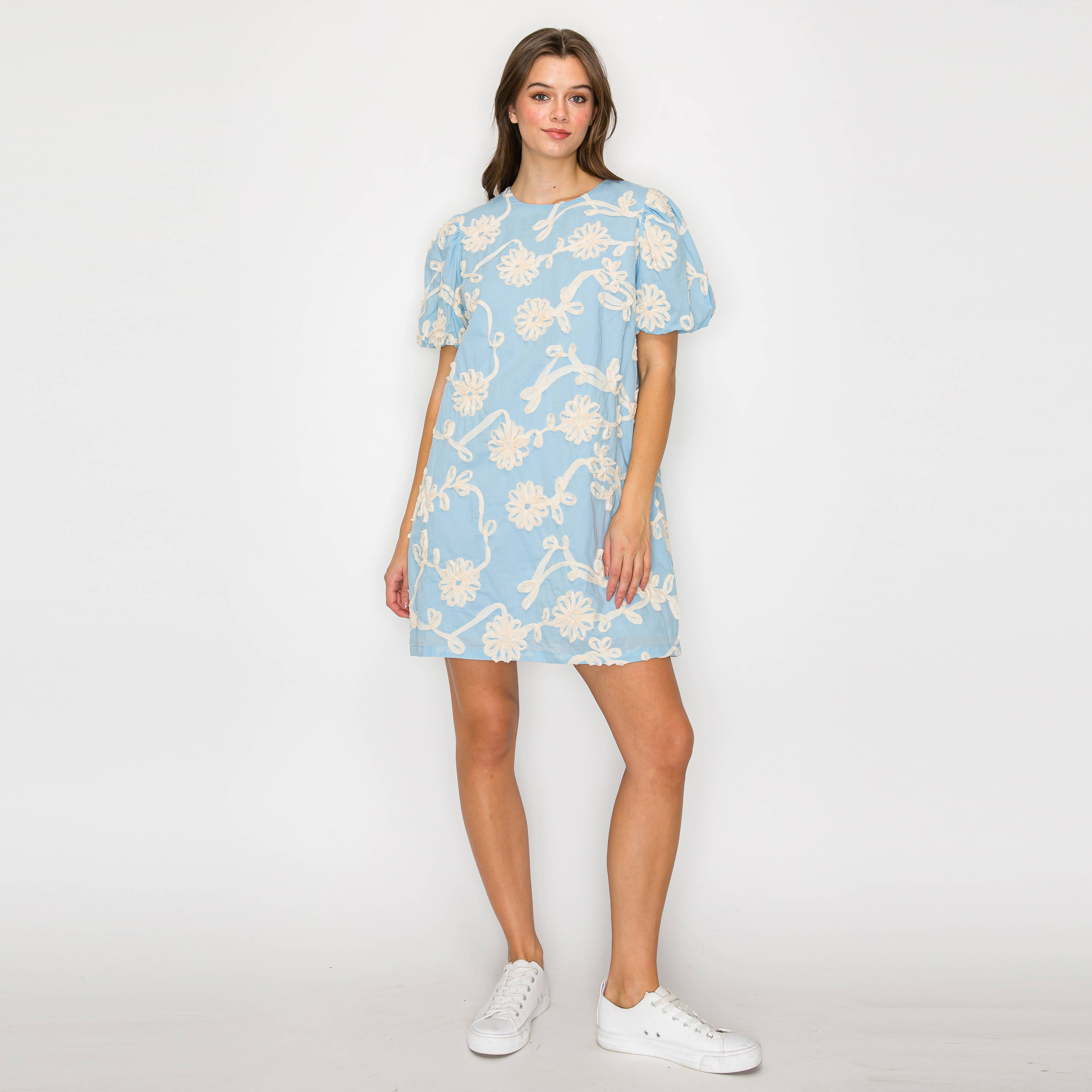Baby Blue with White Rosette Detail Mini Dress