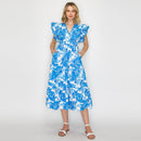 Summer Blue Flower Print Cotton Midi Dress