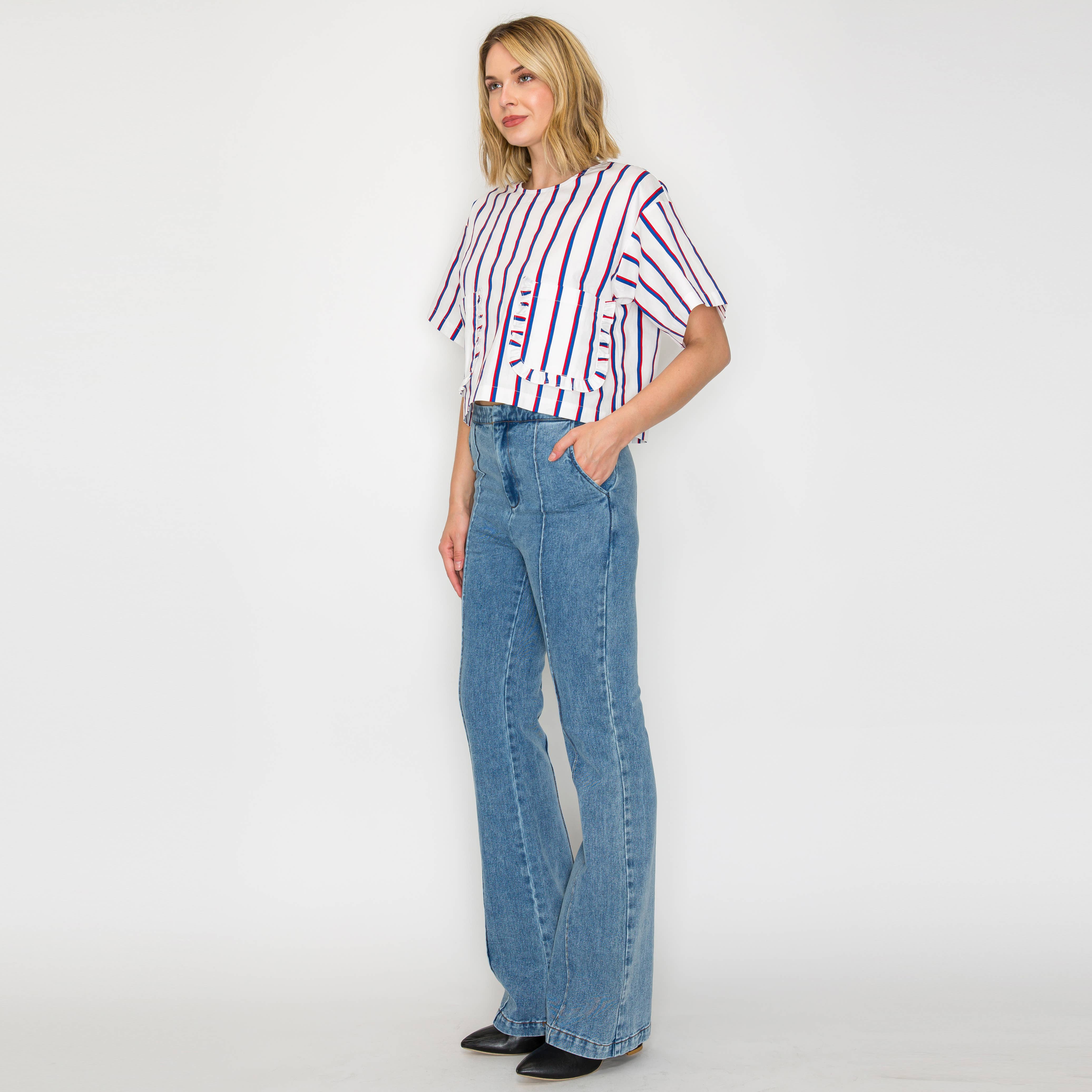 Ruffle Ruffle Stripe Top - Blue & Red stripe