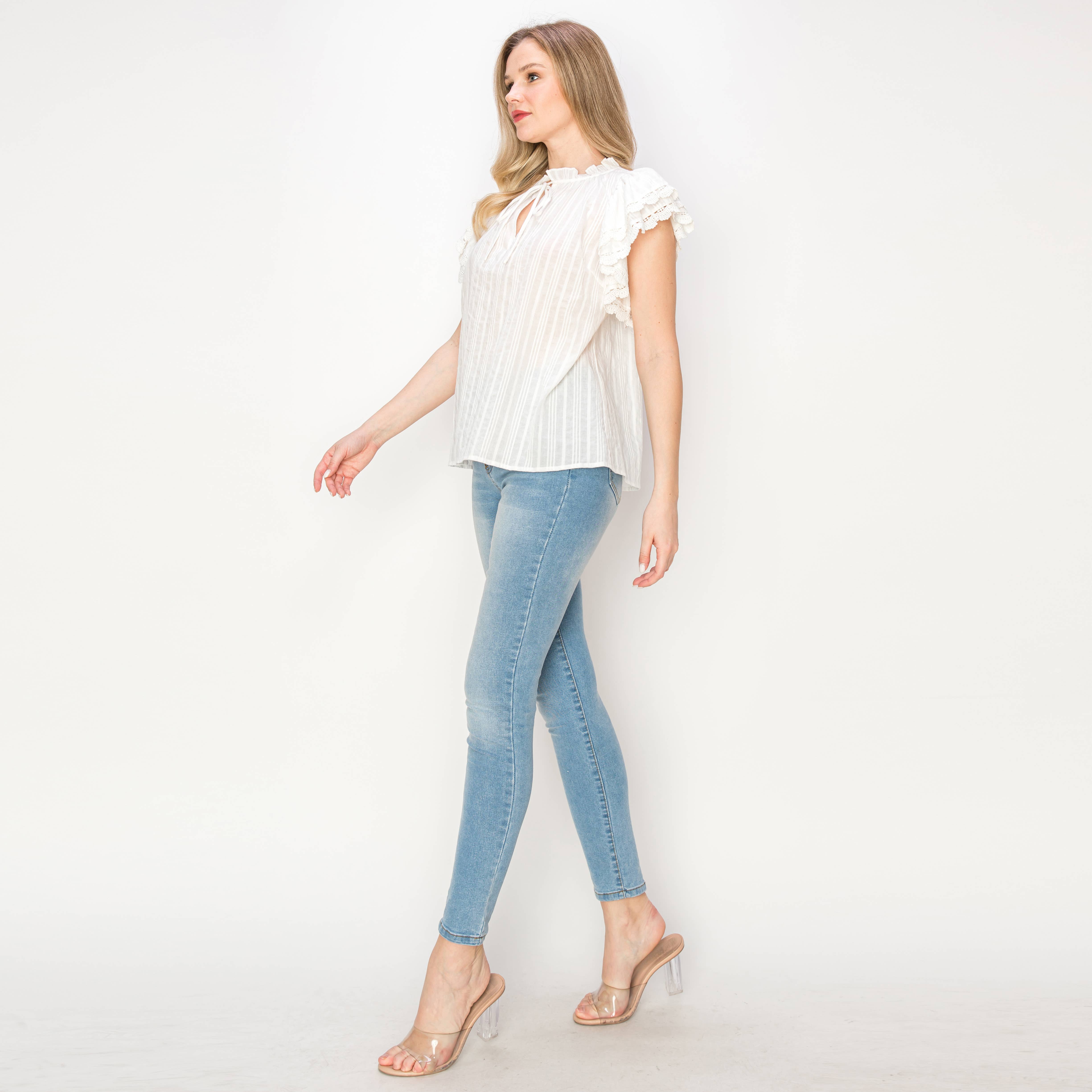 Cotton JQD eyelet blouse with lace trim detail